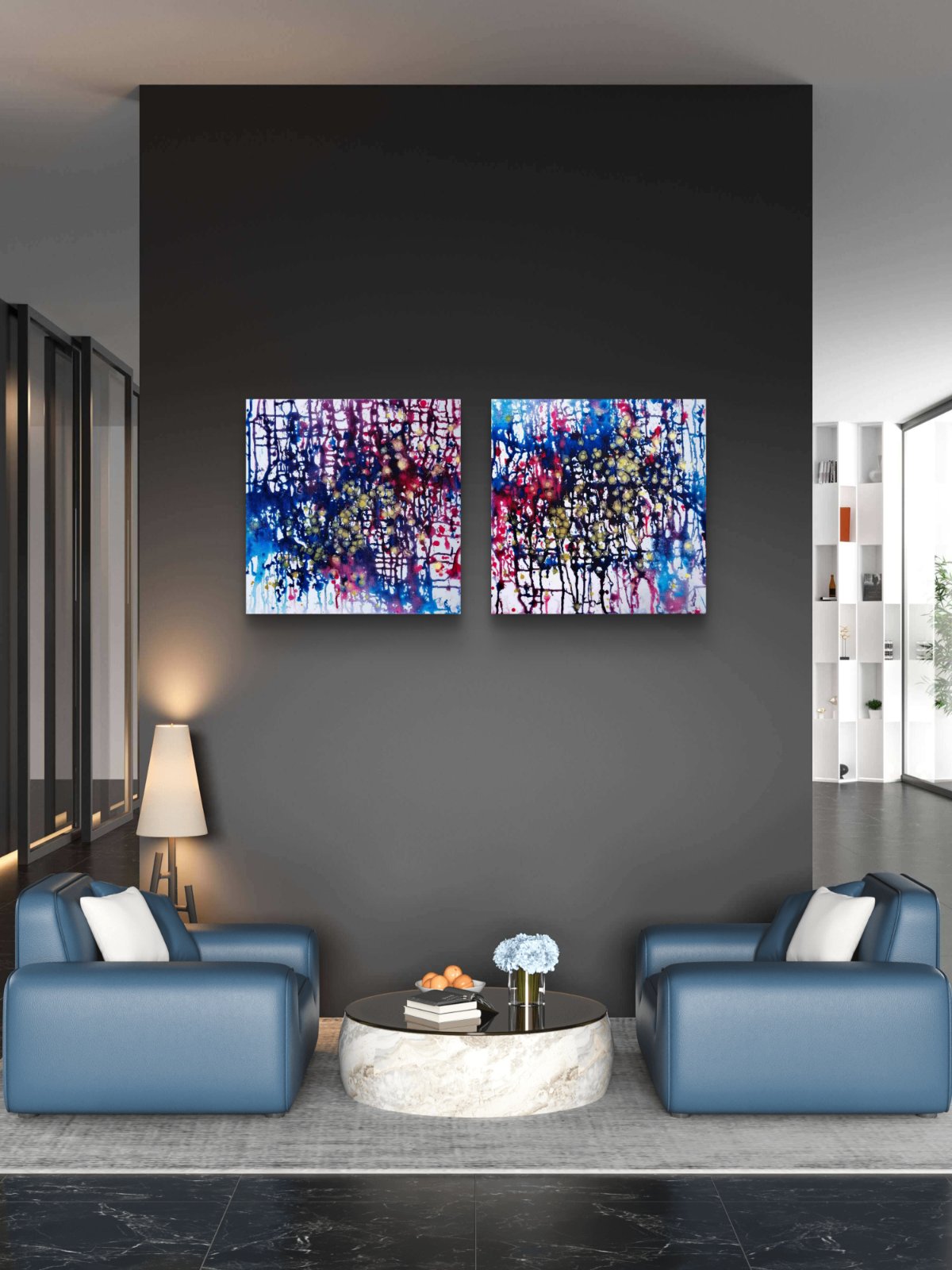 Award-winning original abstract diptych Greed and Fear by Diana Dimova TRAXI, fluid acrylic pouring in white, blue, rose and gold tones A modern living room setting featuring two square abstract canvas art prints with vibrant blue, purple, and pink brushstrokes, hung side-by-side on a dark gray wall above two blue armchairs.