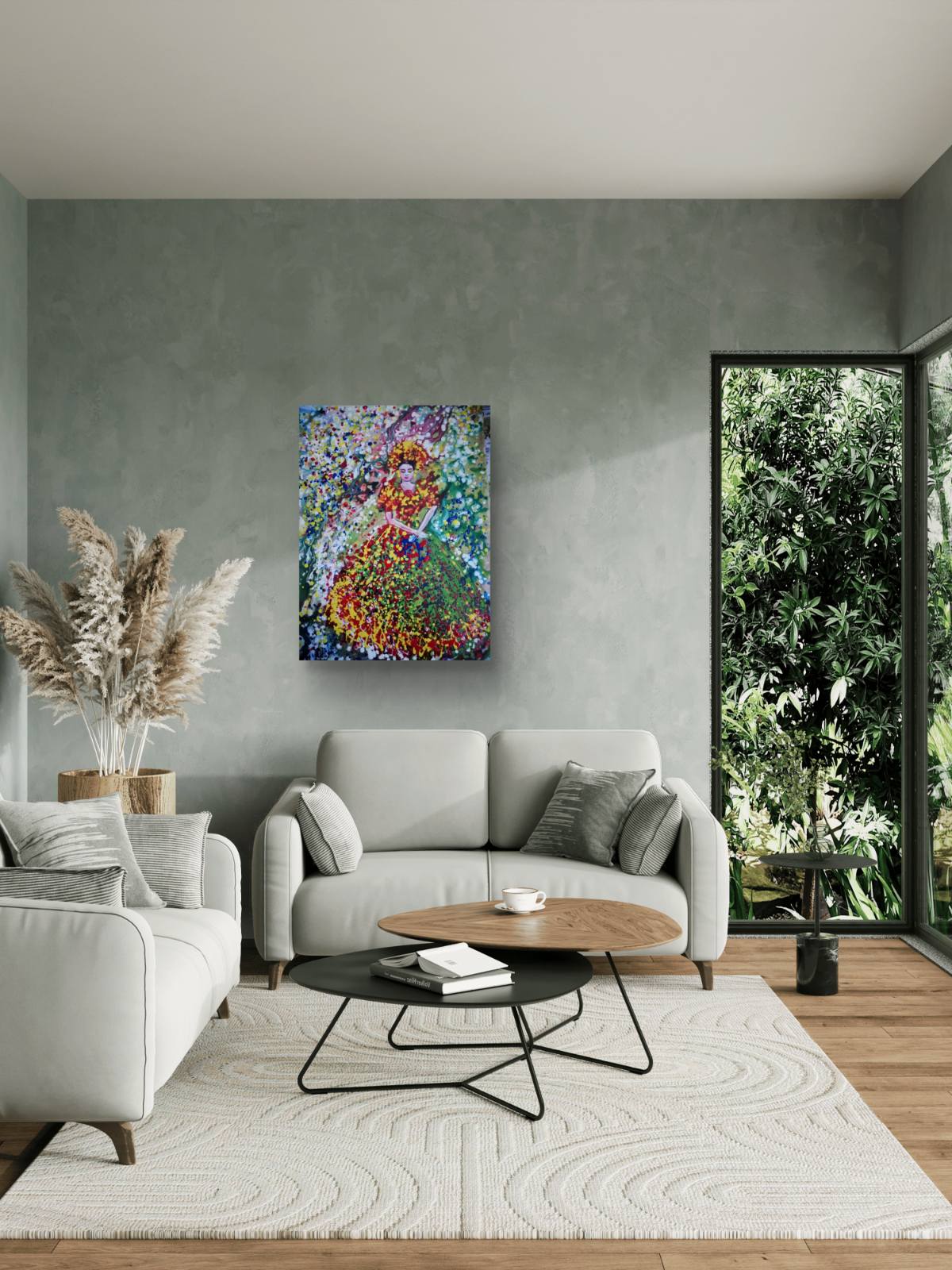 Goddess of Spring original abstract figurative portrait acrylic painting with vibrant green, red, and yellow Klimt-style tones by Diana Dimova TRAXI ART.