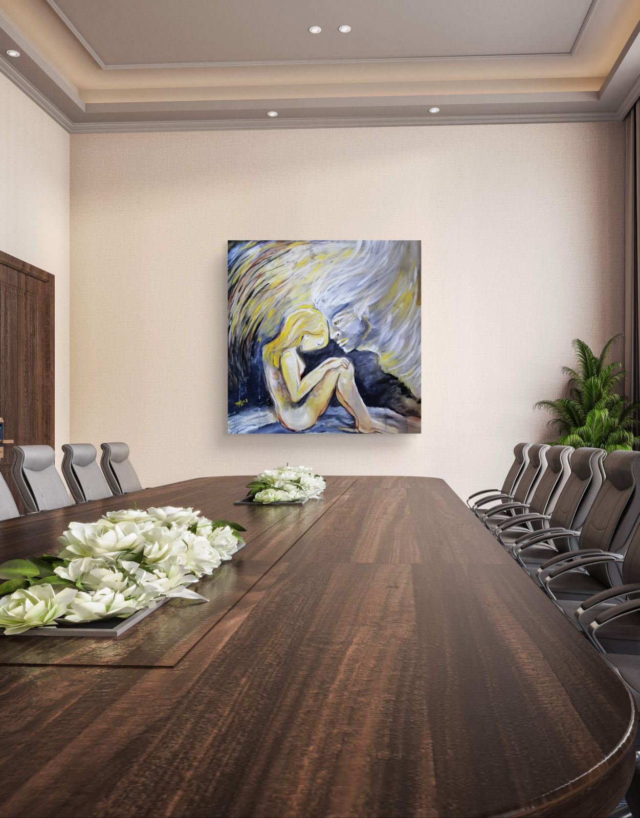 Promised by the Wind original abstract square painting with black, white, gold, and silver fluid acrylic layers by Diana Dimova TRAXI ART. A square abstract painting of a seated figure in blue, yellow, and white tones, displayed on a beige wall in a modern conference room with a dark wood table and chairs.