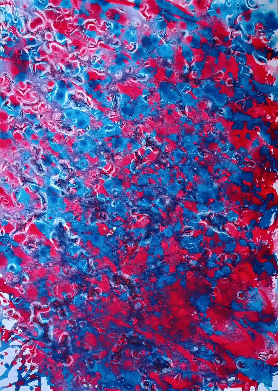 Red & Blue Balance original fluid acrylic abstract painting by Diana Dimova TRAXI ART. Abstract fluid acrylic painting with swirling patterns of vibrant blue, magenta pink, and deep red, featuring organic circular and marbled textures.