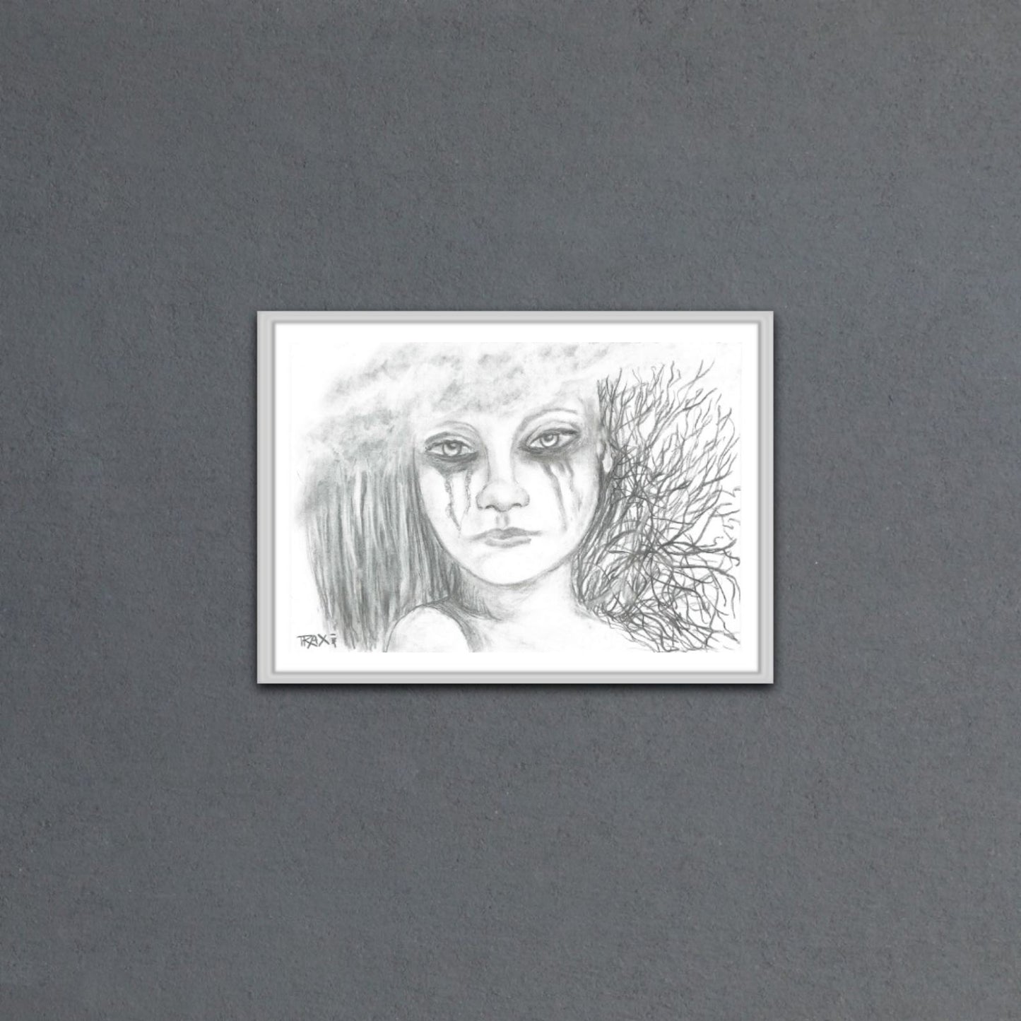 Requiem for the Forest original monochromatic charcoal drawing on art cardboard depicting a crying forest spirit and falling rain by Diana Dimova TRAXI ART.