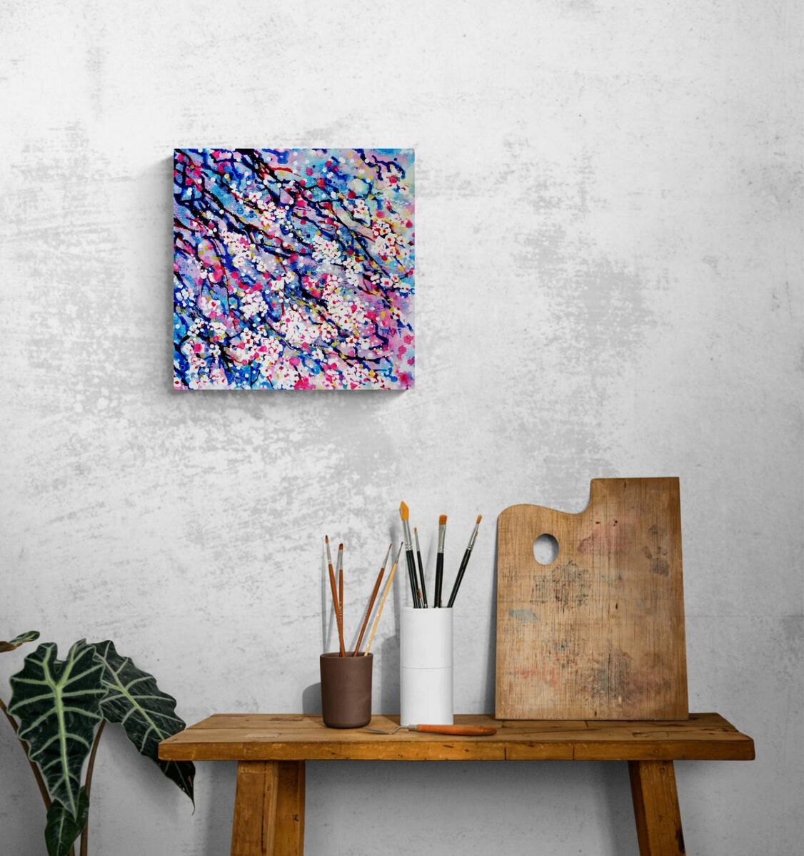 Spring Color Sakura Blossoms original pointillist fluid acrylic painting with soft pink, white, and blue tones representing spring rebirth by Diana Dimova TRAXI ART.
