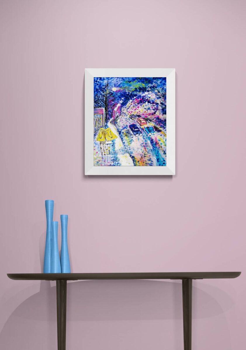 Together We Walk original romantic night city abstract fluid acrylic painting with soft blue, pink, and yellow light tones by Diana Dimova TRAXI ART. A framed abstract painting with vibrant blue, purple, and yellow brushstrokes, displayed on a light pink wall above a dark console table with two blue vases.