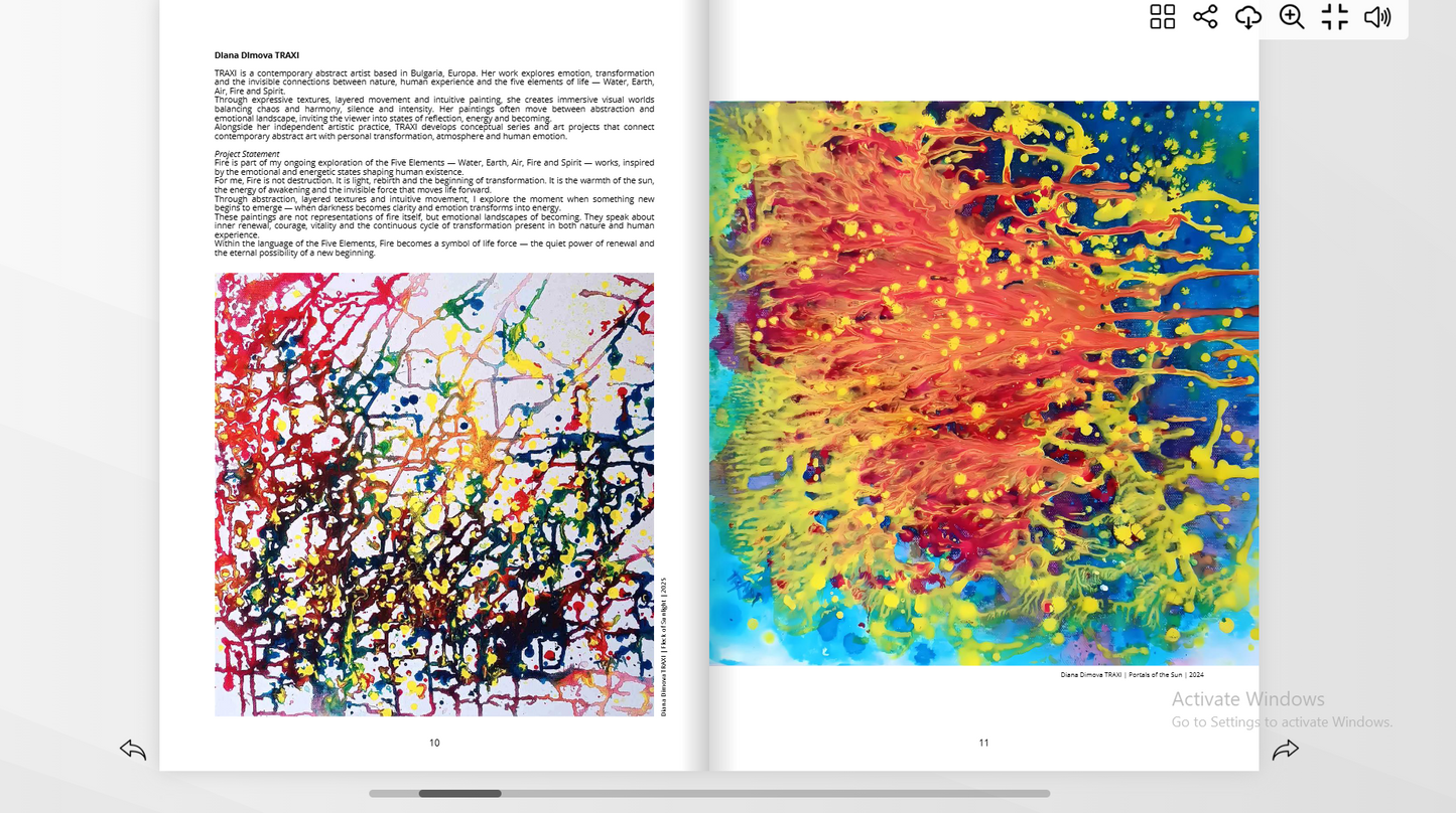 Flecks of Sunlight original fluid acrylic abstract painting by Diana Dimova TRAXI ART. Distinction Award winner 2025, San Francisco. Visual Art Journal 55 2026 Open book with abstract art on a white background