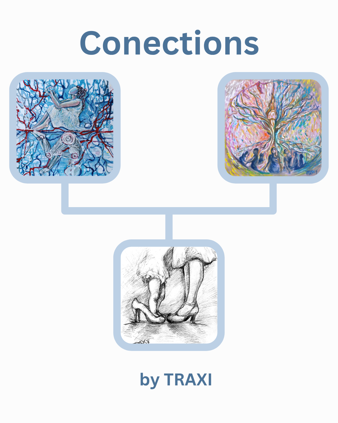Contemporary artworks exploring human connection, technology, and family by artist Diana Dimova - TRAXI for the international exhibition "Connections"