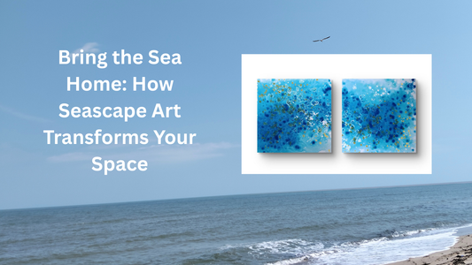 Blue abstract seascape paintings by TRAXI displayed in a contemporary interior