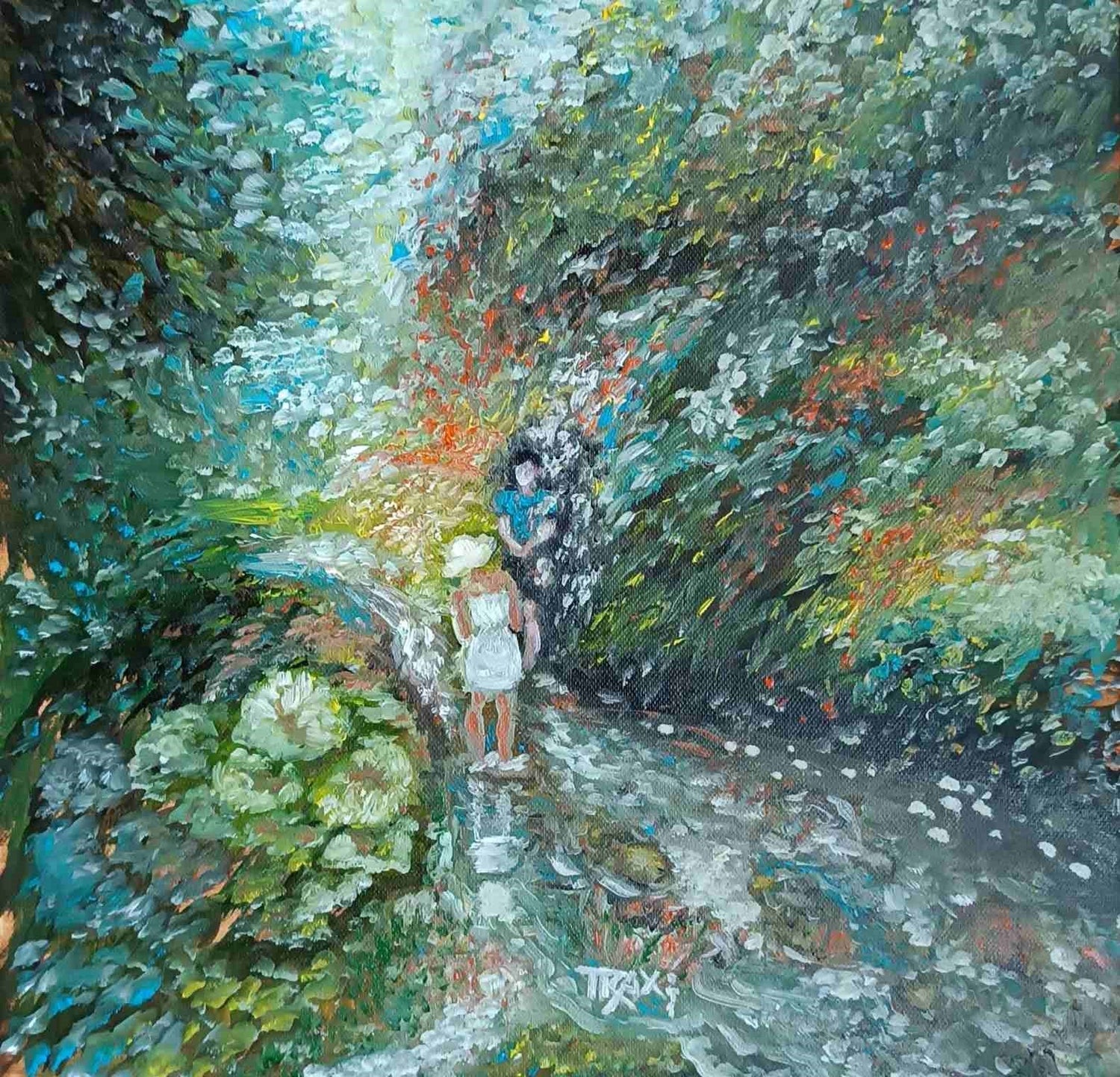 "By the River" – Impasto oil landscape painting from the Earth Collection by TRAXI ART, featuring lush green nature and figures by a flowing stream.