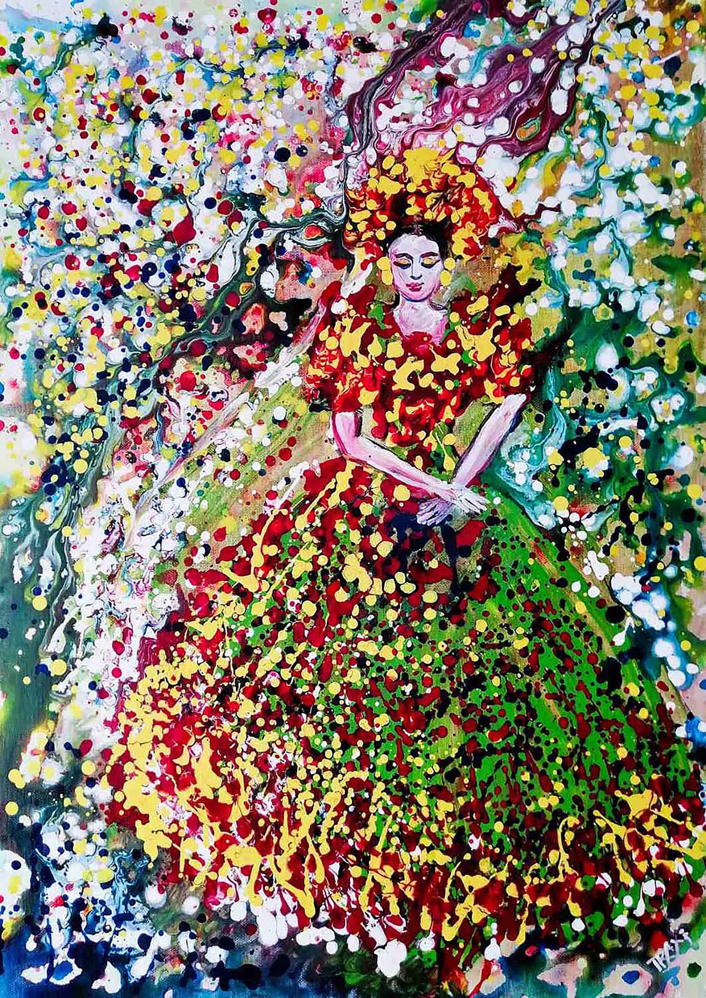 Goddess of Spring original abstract figurative portrait acrylic painting with vibrant green, red, and yellow Klimt-style tones by Diana Dimova TRAXI ART.