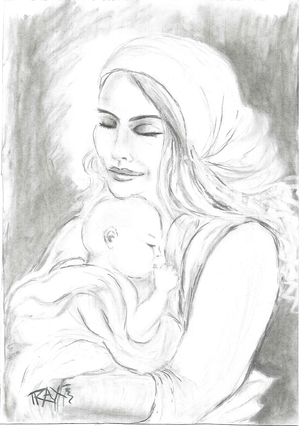 Art Project Connection Mother & Child Painting No. 01, original charcoal sketch by contemporary artist TRAXI.