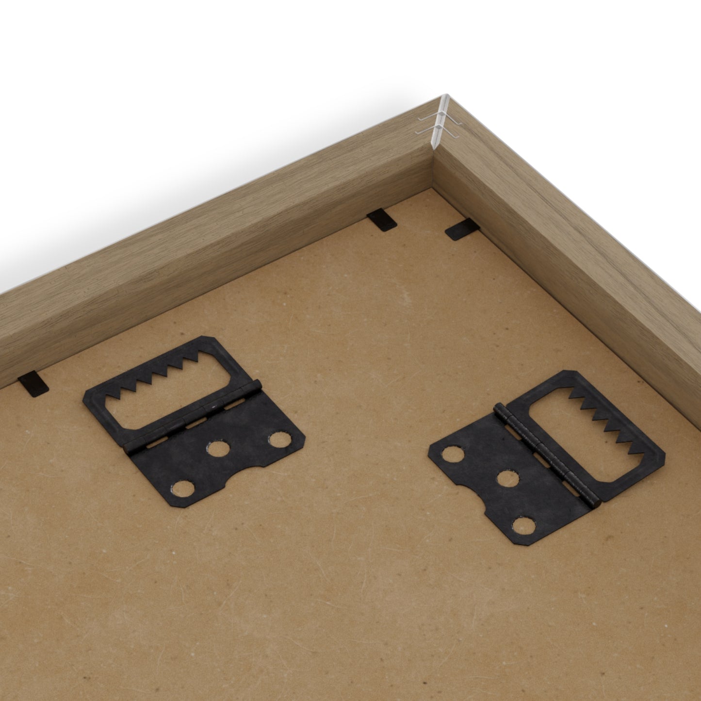 Wooden picture frame with black metal hangers on a white background