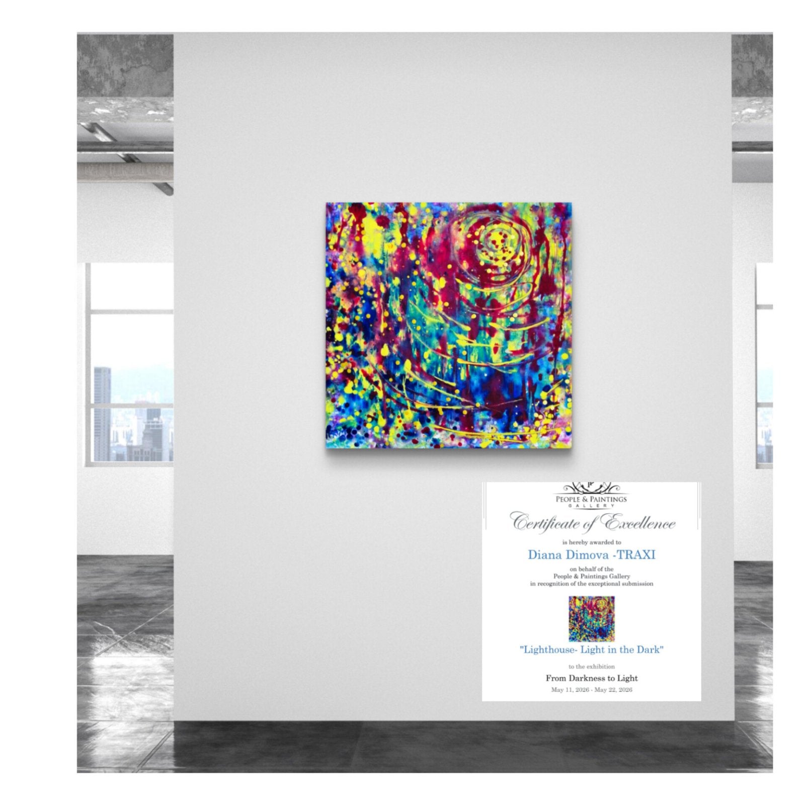 Lighthouse Bold Colorful Abstract painting by Diana Dimova TRAXI ART, featuring vibrant light rays emerging from dark textures. A colorful abstract canvas print featuring swirling patterns of yellow, blue, red, and purple, displayed on a white wall in a modern gallery space next to a Certificate of Authenticity.