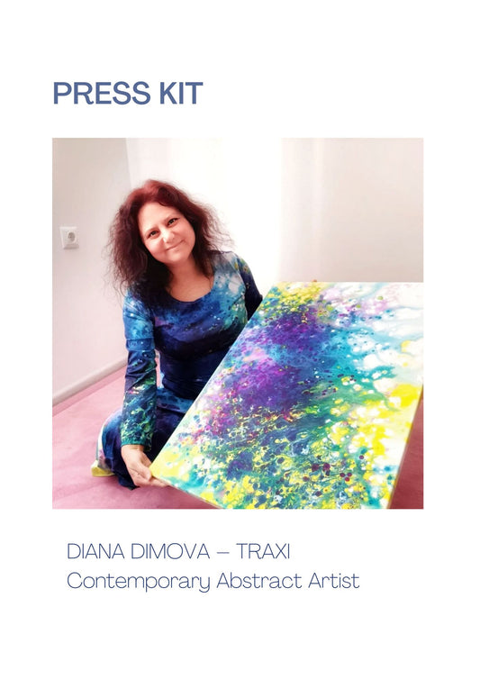 Diana Dimova TRAXI - Contemporary abstract artist holding a fluid acrylic painting for the official press kit download