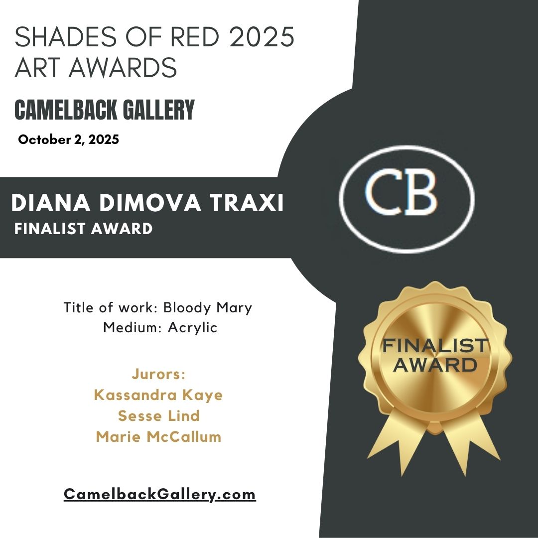 Red Dress & Party Mood original fluid acrylic abstract painting by Diana Dimova TRAXI ART. Finalist Award winner, Camelback Gallery 2025. A digital graphic certificate for the 'Diana Dimova Traxi Finalist Award' from Camelback Gallery, dated October 2, 2025. The design features a split white and dark gray layout with a gold seal on the right side.
