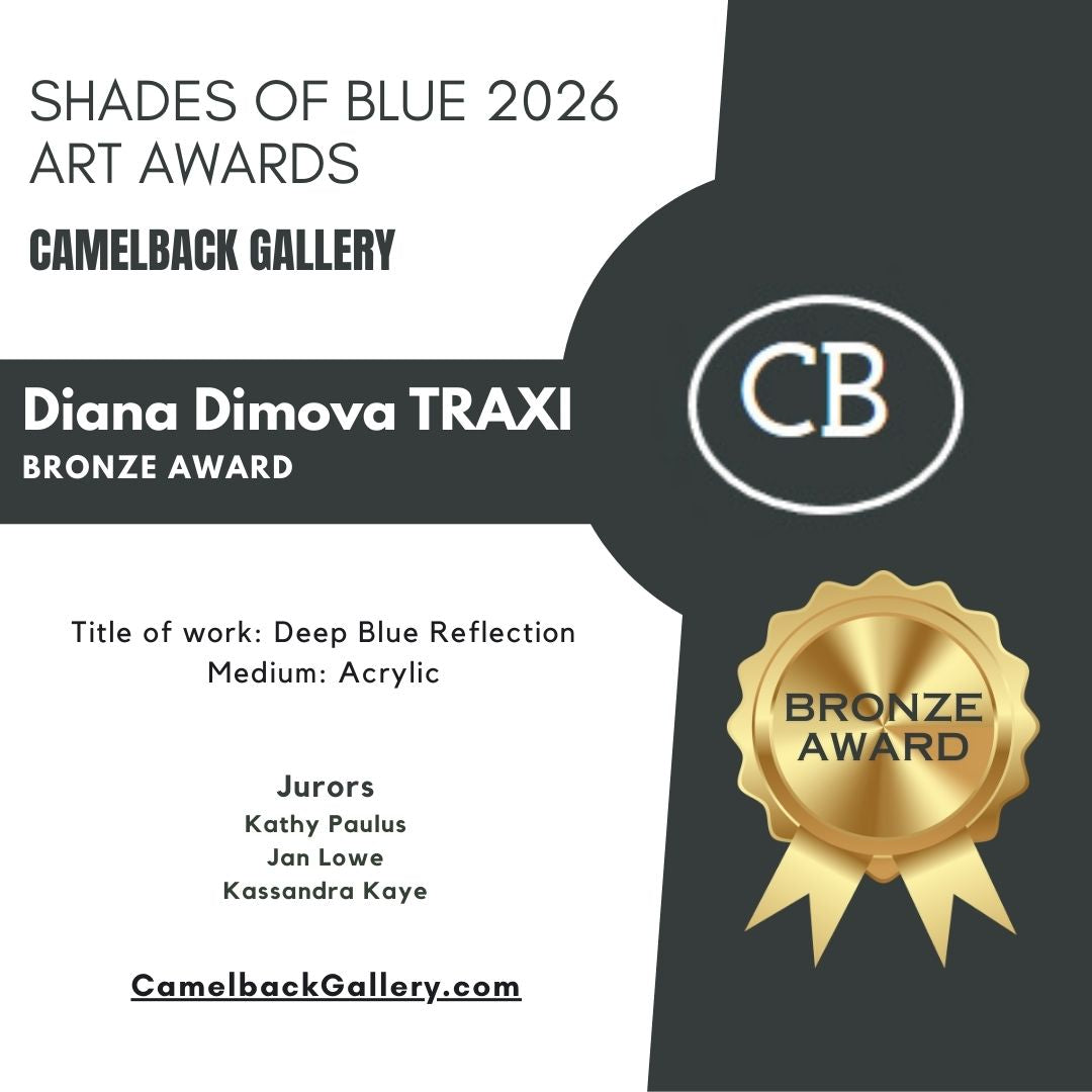 Ocean Calm Blue Abstract Painting by TRAXI -art award A digital graphic award certificate for the 'Diana Dimova TRAXI Bronze Award' from Camelback Gallery, featuring a split white and dark gray design with a gold seal.