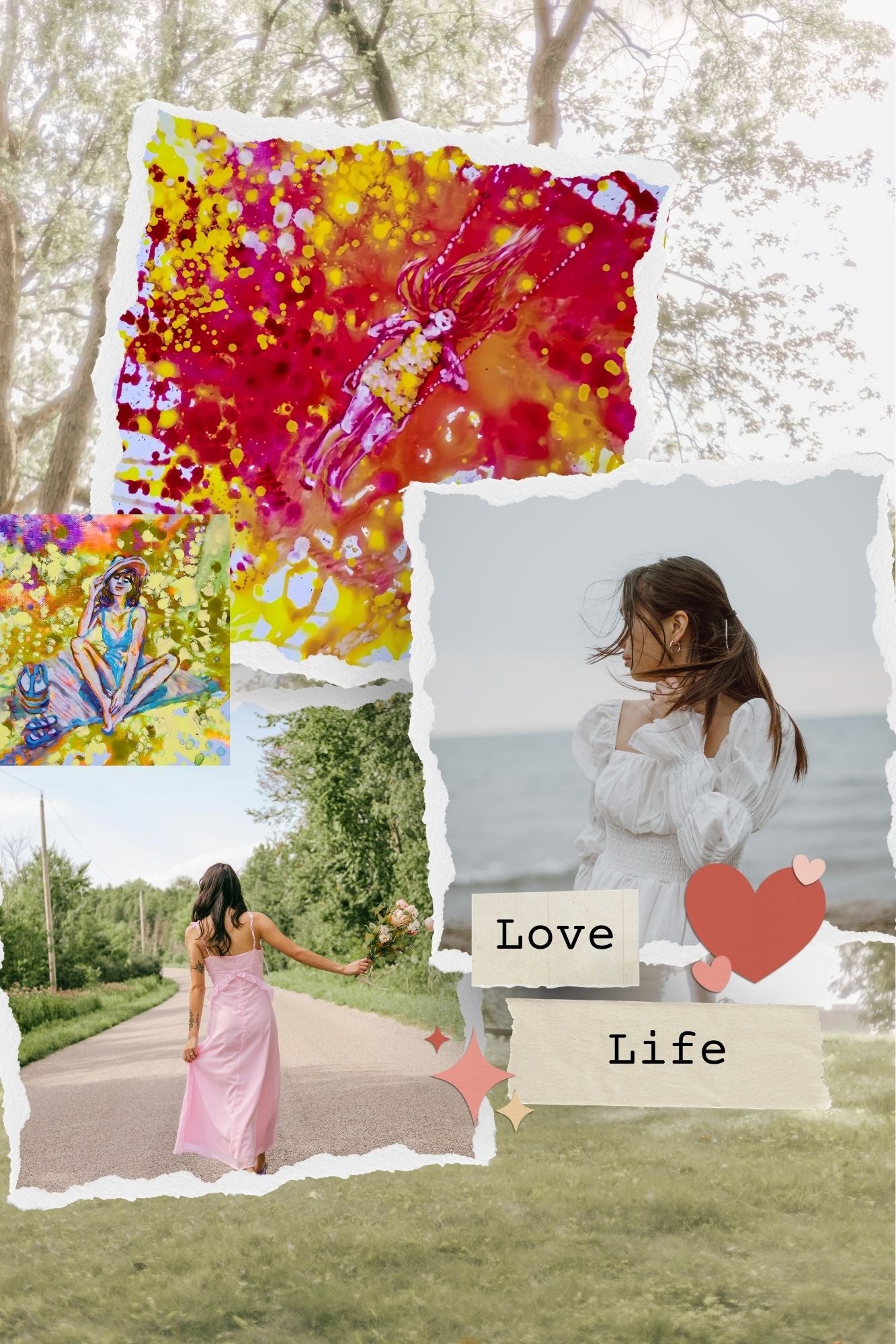 LIFE IS WONDERFUL — A Virtual Fine Art Solo Exhibition by Diana Dimova TRAXI. Art Project inspired by Nature, exploring Time.

 A collage-style graphic with torn paper edges showing outdoor photos, abstract splashes of red, yellow, and pink, a woman in a pink dress walking on a path, a woman in a white blouse by the water, and the words 'Love Life' with heart graphics.