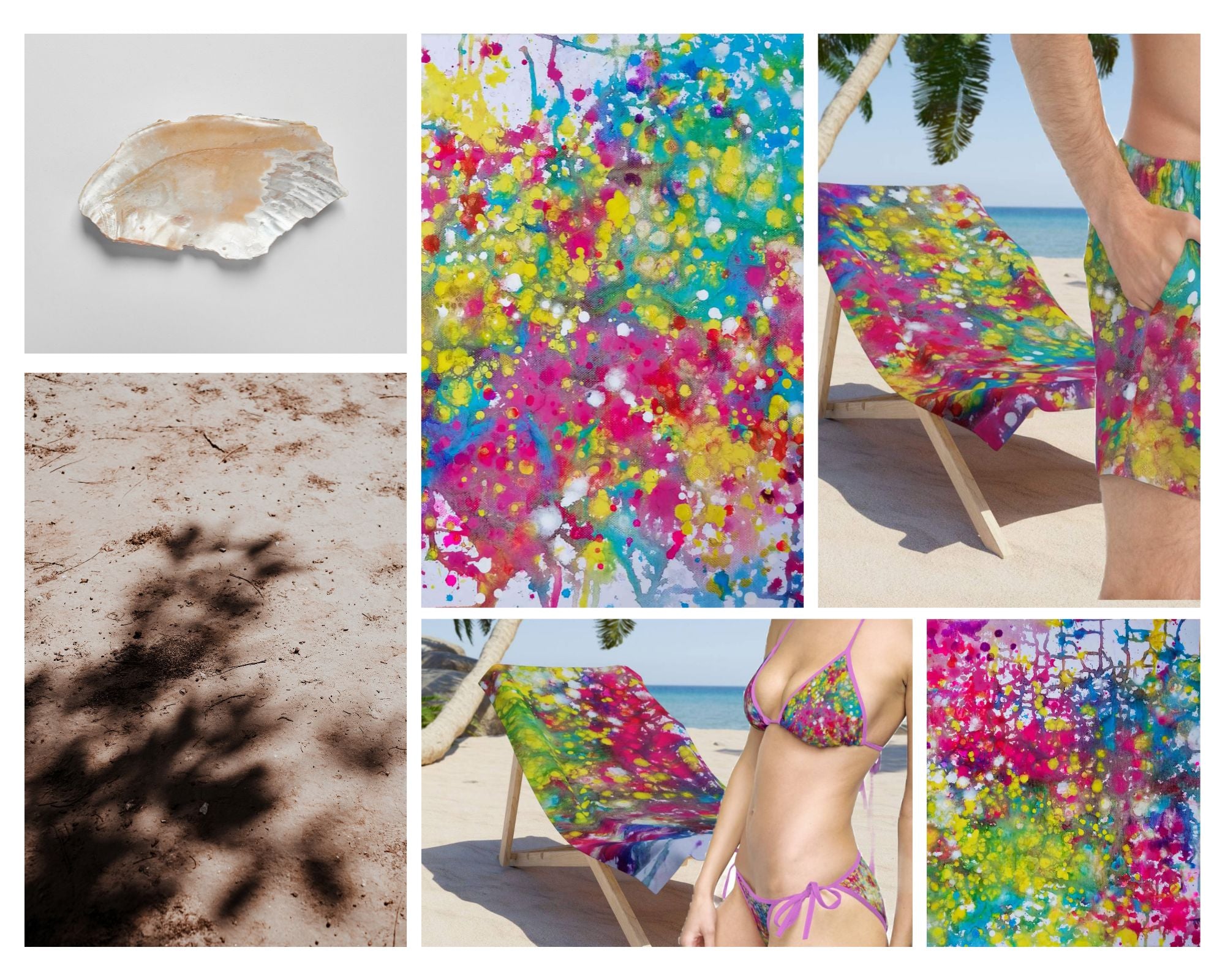LIFE IS WONDERFUL — A Virtual Fine Art Solo Exhibition by Diana Dimova TRAXI. Art Project inspired by Nature, exploring Time.

A collage of beach-themed product photos featuring a highly colorful abstract paint-splatter print. The images show a seashell, close-ups of the fabric print, a beach chair with the print, and a model wearing a matching multicolor bikini and shorts on a sandy beach.