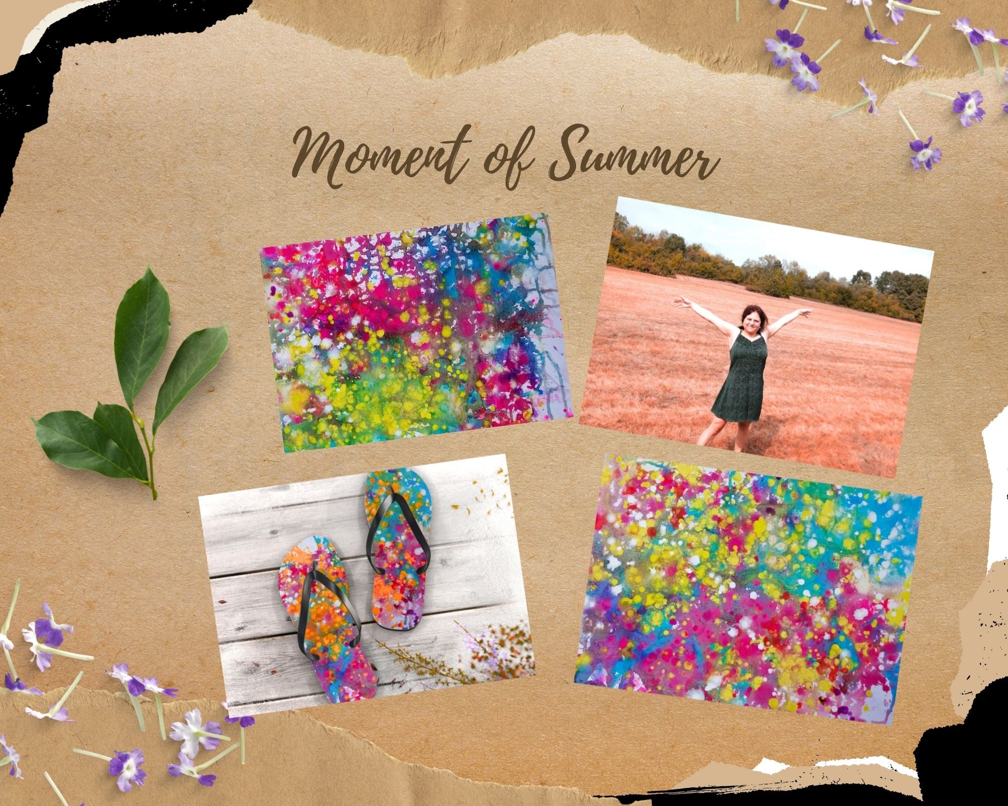 LIFE IS WONDERFUL — A Virtual Fine Art Solo Exhibition by Diana Dimova TRAXI. Art Project inspired by Nature, exploring Time. A styled flat-lay collage on a tan paper background with torn edges, showing four colorful abstract and lifestyle photos. The top text reads 'Moment of Summer.