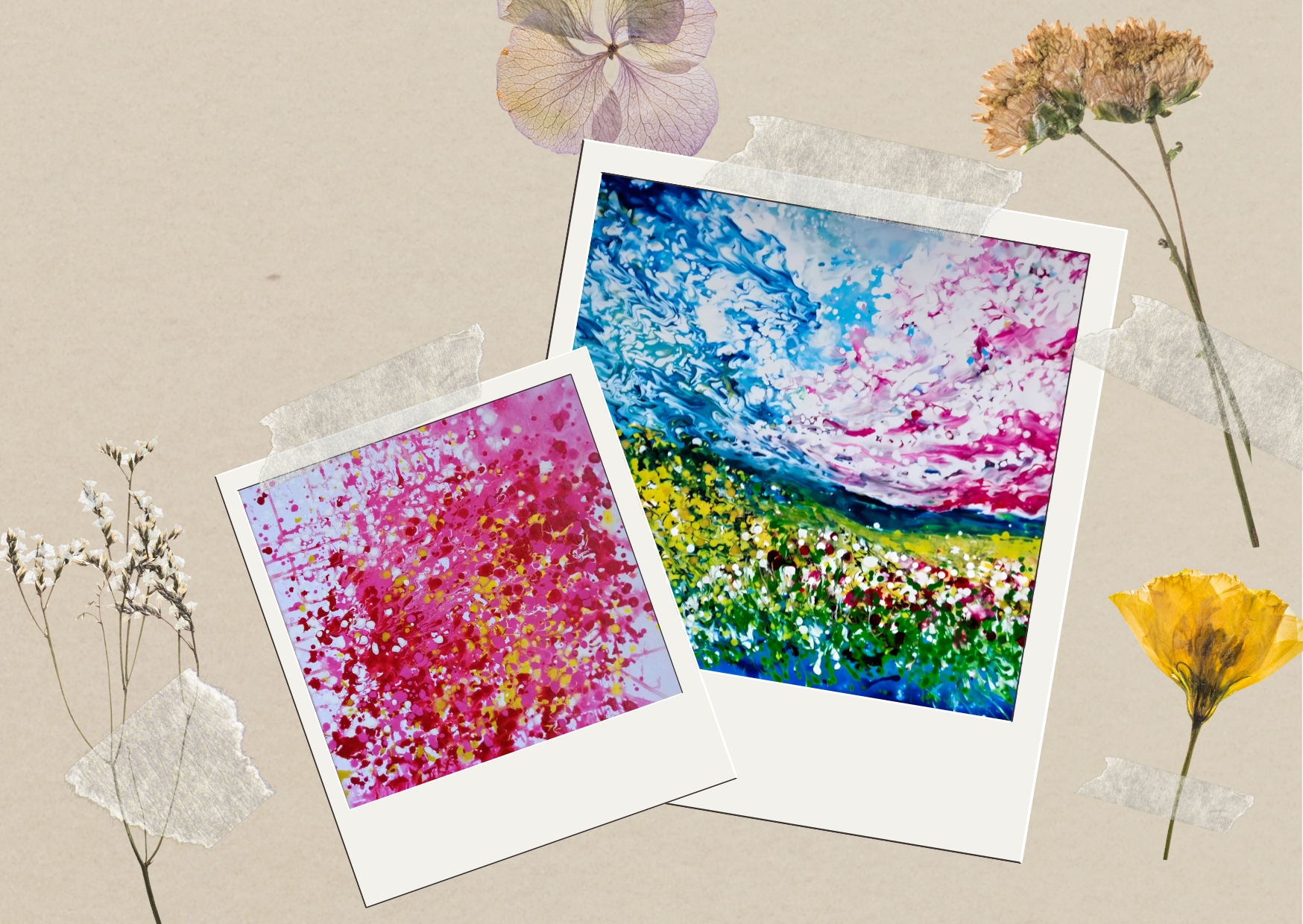 LIFE IS WONDERFUL — A Virtual Fine Art Solo Exhibition by Diana Dimova TRAXI. Art Project inspired by Nature, exploring Time.

Two Polaroid-style art prints with white borders, decorated with dried flowers on a beige background. The left print features a pink and red floral pattern, while the right print shows a colorful landscape with blue, pink, green, and yellow tones.