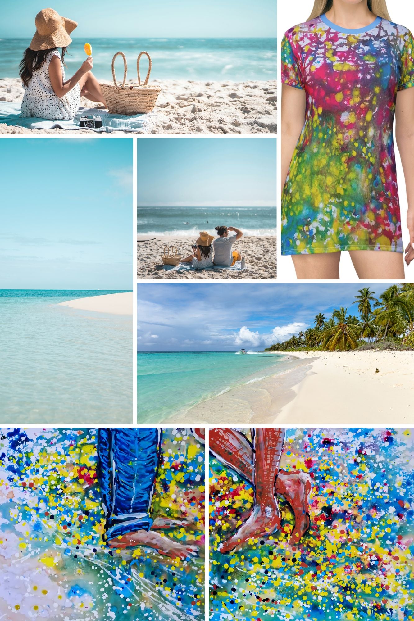 LIFE IS WONDERFUL — A Virtual Fine Art Solo Exhibition by Diana Dimova TRAXI. Art Project inspired by Nature, exploring Time.

 A beach-themed collage featuring a woman sitting on a sandy beach with a picnic basket, a close-up of a colorful abstract short-sleeve dress, ocean scenes, and two colorful abstract art panels showing feet in water.