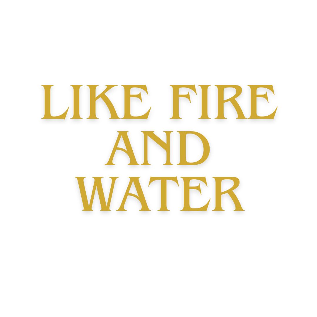 LIFE IS WONDERFUL — A Virtual Fine Art Solo Exhibition by Diana Dimova TRAXI. Art Project inspired by Nature, exploring Time. Gold metallic-style text reading 'LIKE FIRE AND WATER' centered on a plain white background.