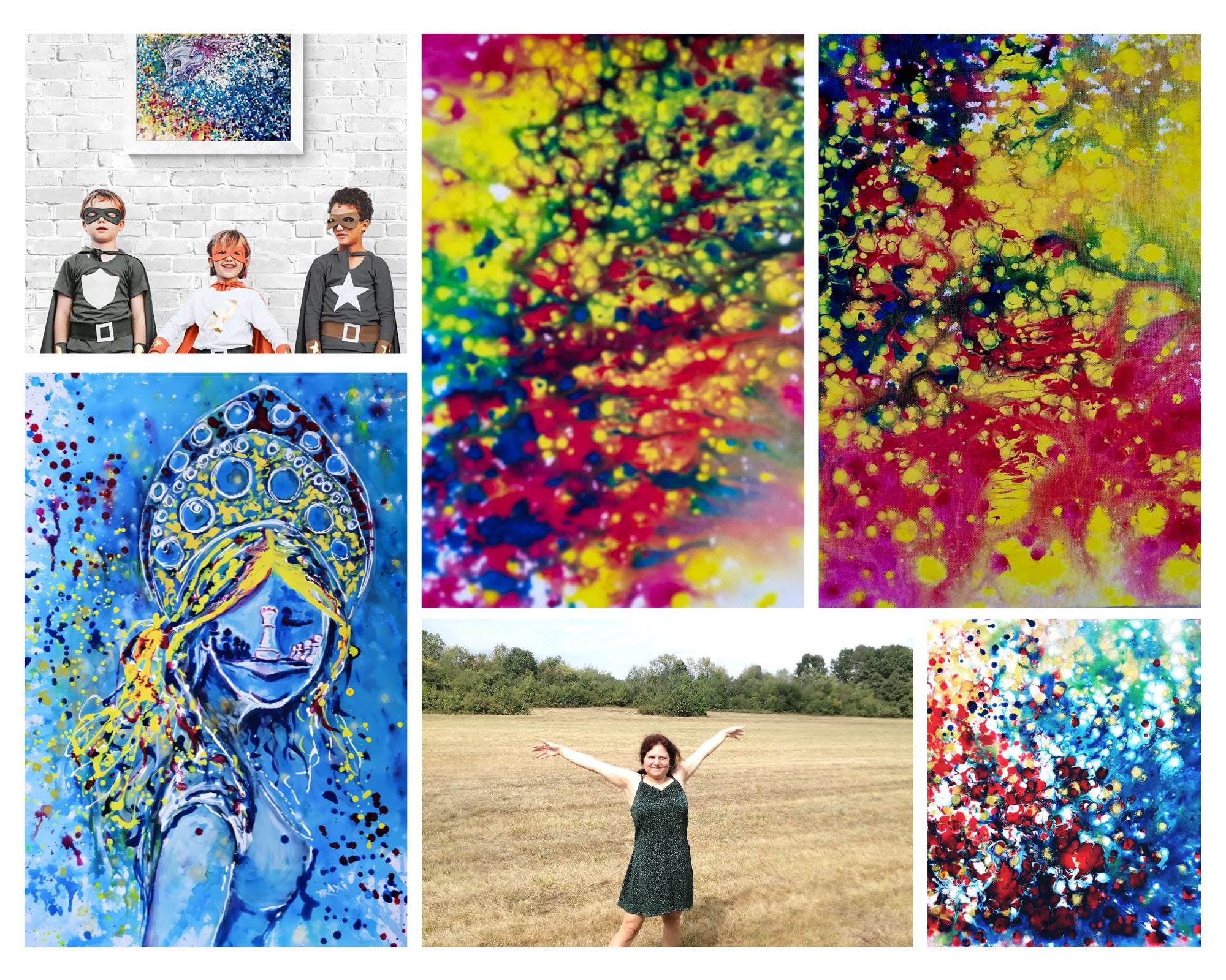 LIFE IS WONDERFUL — A Virtual Fine Art Solo Exhibition by Diana Dimova TRAXI. Art Project inspired by Nature, exploring Time. A collage of six colorful abstract art prints and paintings displayed together, including splatter-style designs, a blue portrait painting, and a child standing in a field.