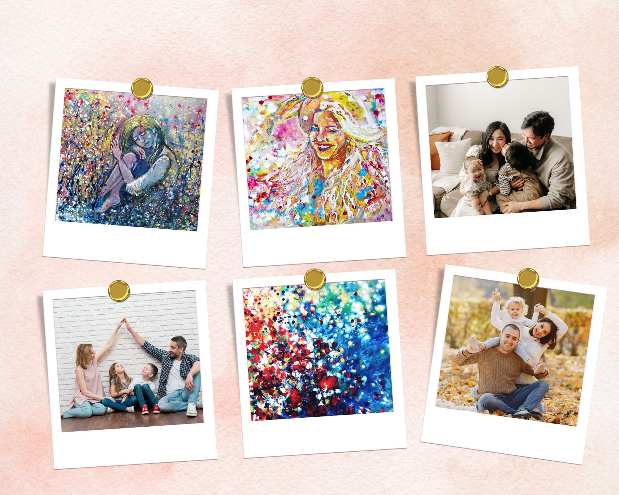 LIFE IS WONDERFUL — A Virtual Fine Art Solo Exhibition by Diana Dimova TRAXI. Art Project inspired by Nature, exploring Time. Six Polaroid-style photo prints arranged on a light pink background, each pinned with a gold pushpin. The prints show colorful abstract portraits, family scenes, and bokeh-style artwork.