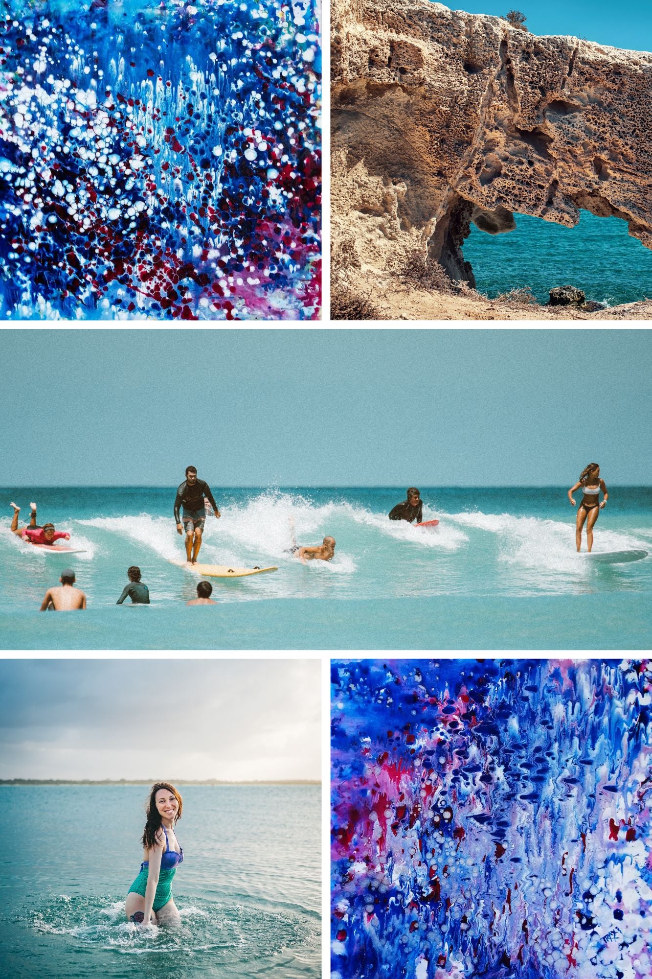 LIFE IS WONDERFUL — A Virtual Fine Art Solo Exhibition by Diana Dimova TRAXI. Art Project inspired by Nature, exploring Time. A five-panel collage featuring beach and ocean scenes: a close-up of blue and white abstract wave texture, a rocky coastal arch over turquoise water, surfers riding waves, a woman standing in shallow ocean water, and another abstract blue/purple textured panel.