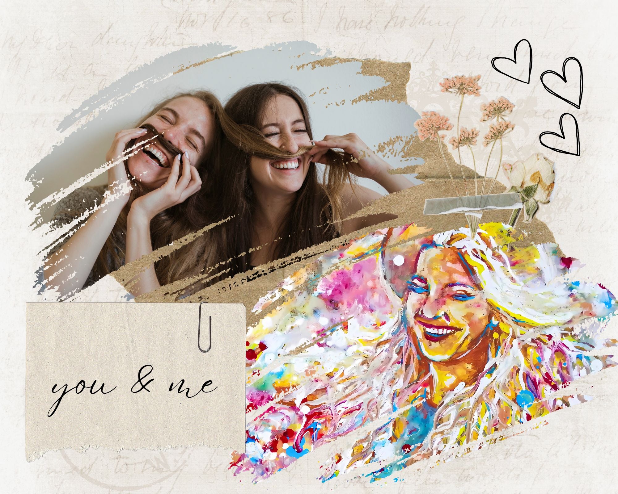 LIFE IS WONDERFUL — A Virtual Fine Art Solo Exhibition by Diana Dimova TRAXI. Art Project inspired by Nature, exploring Time. A collage-style greeting card or print featuring two women laughing, a colorful watercolor portrait of a smiling woman, hand-drawn hearts, and the words 'you & me' on a textured cream background.