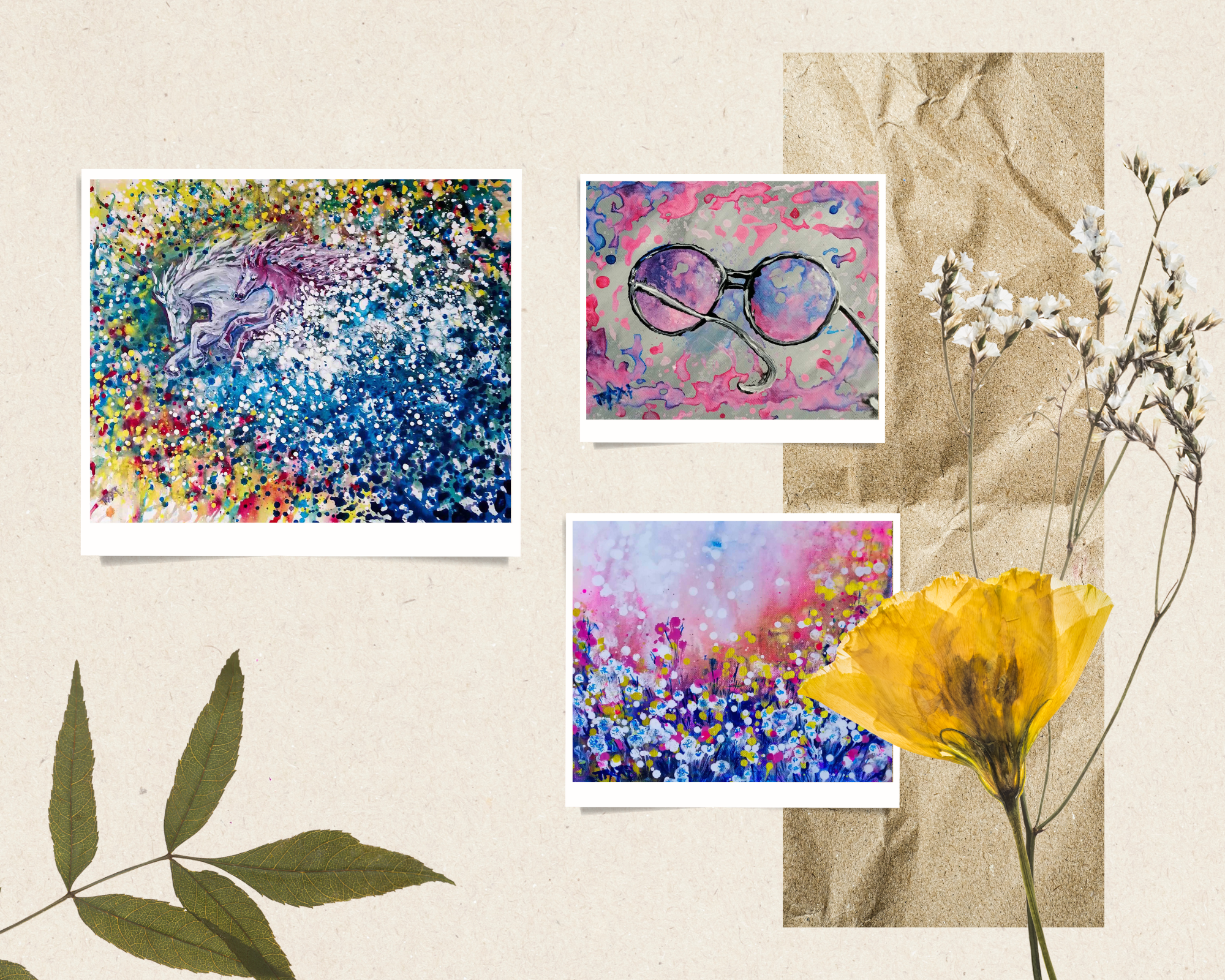 LIFE IS WONDERFUL — A Virtual Fine Art Solo Exhibition by Diana Dimova TRAXI. Art Project inspired by Nature, exploring Time. Three colorful art prints displayed on a textured beige background with decorative botanical elements. The prints feature abstract and illustrative designs: a blue and multicolor abstract horse, round glasses, and a pink and blue floral field, alongside a yellow flower and dried white flowers.