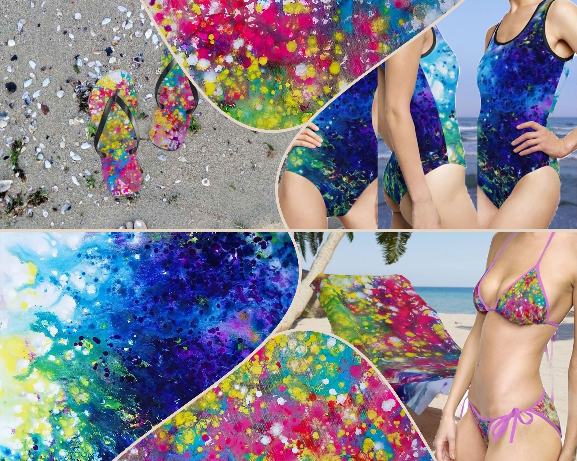 LIFE IS WONDERFUL — A Virtual Fine Art Solo Exhibition by Diana Dimova TRAXI. Art Project inspired by Nature, exploring Time. A collage showing a colorful abstract print applied to multiple beach-themed items: a one-piece swimsuit worn by a model, a bikini bottom, flip-flops on sand, a beach chair, and a close-up of the print texture. The design blends bright pink, blue, yellow, green, and purple in a splatter-like pattern.
