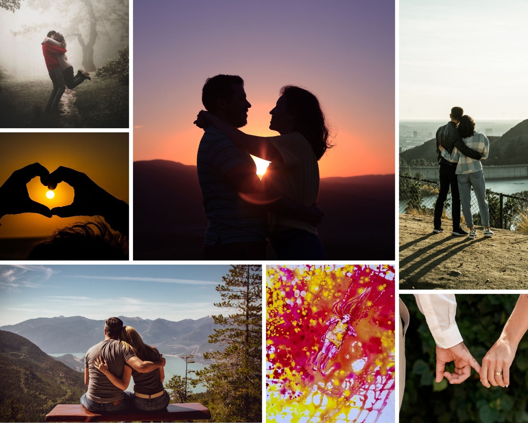 LIFE IS WONDERFUL — A Virtual Fine Art Solo Exhibition by Diana Dimova TRAXI. Art Project inspired by Nature, exploring Time.

 A collage of seven romantic photographs featuring couples in outdoor settings: misty mountain imagery, silhouetted couple at sunset, couple by the water, couple forming a heart shape with their hands, couple sitting on a bench overlooking mountains, an abstract red and yellow paint splatter design, and close-up hands holding hands.