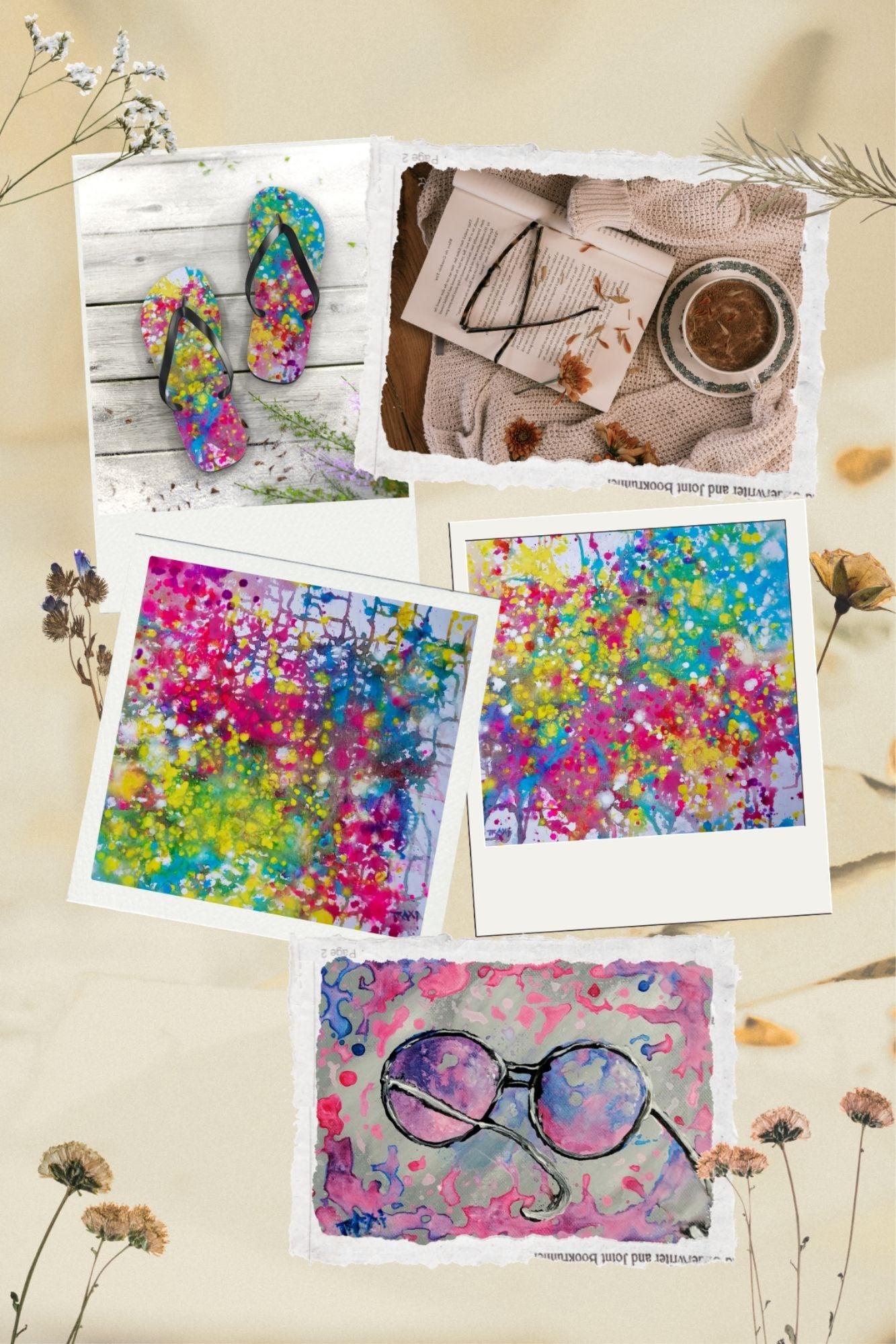 LIFE IS WONDERFUL — A Virtual Fine Art Solo Exhibition by Diana Dimova TRAXI. Art Project inspired by Nature, exploring Time.

 A collage of five colorful abstract art prints styled in a flat-lay arrangement with dried flowers and a mug on a light beige background. The prints feature vibrant splatters and patterns in pink, blue, yellow, green, and purple, including designs with flip-flops, an open book, a coffee cup, and a pair of round glasses.