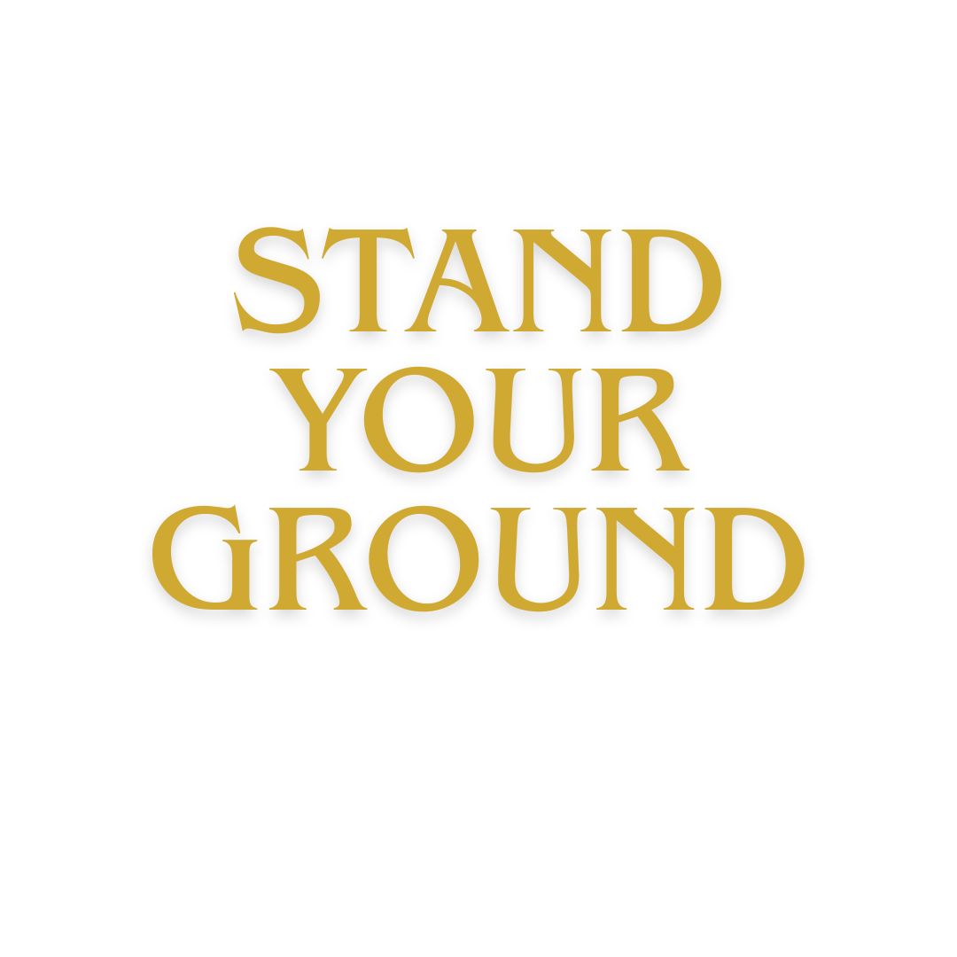 LIFE IS WONDERFUL — A Virtual Fine Art Solo Exhibition by Diana Dimova TRAXI. Art Project inspired by Nature, exploring Time. The phrase 'STAND YOUR GROUND' is shown in large, gold serif lettering with a subtle drop shadow on a plain white background.