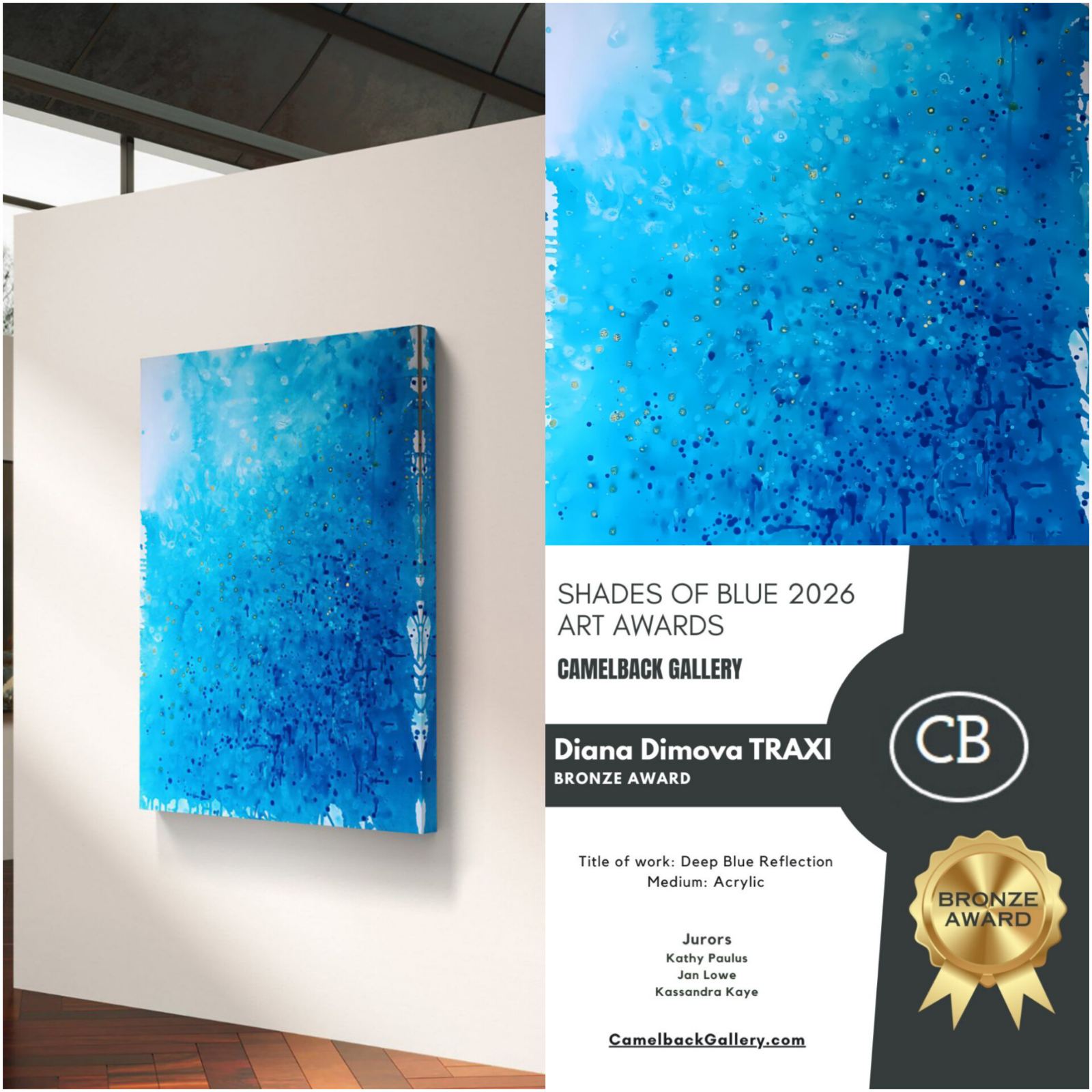 Ocean Calm Blue Abstract Painting by TRAXI -art award Blue abstract canvas wall art displayed in a gallery setting, with a close-up of the artwork texture and a printed award card reading Shades of Blue 2026 Art Awards, Cameronback Gallery, Diana Dimova Traxi, Bronze Award.
