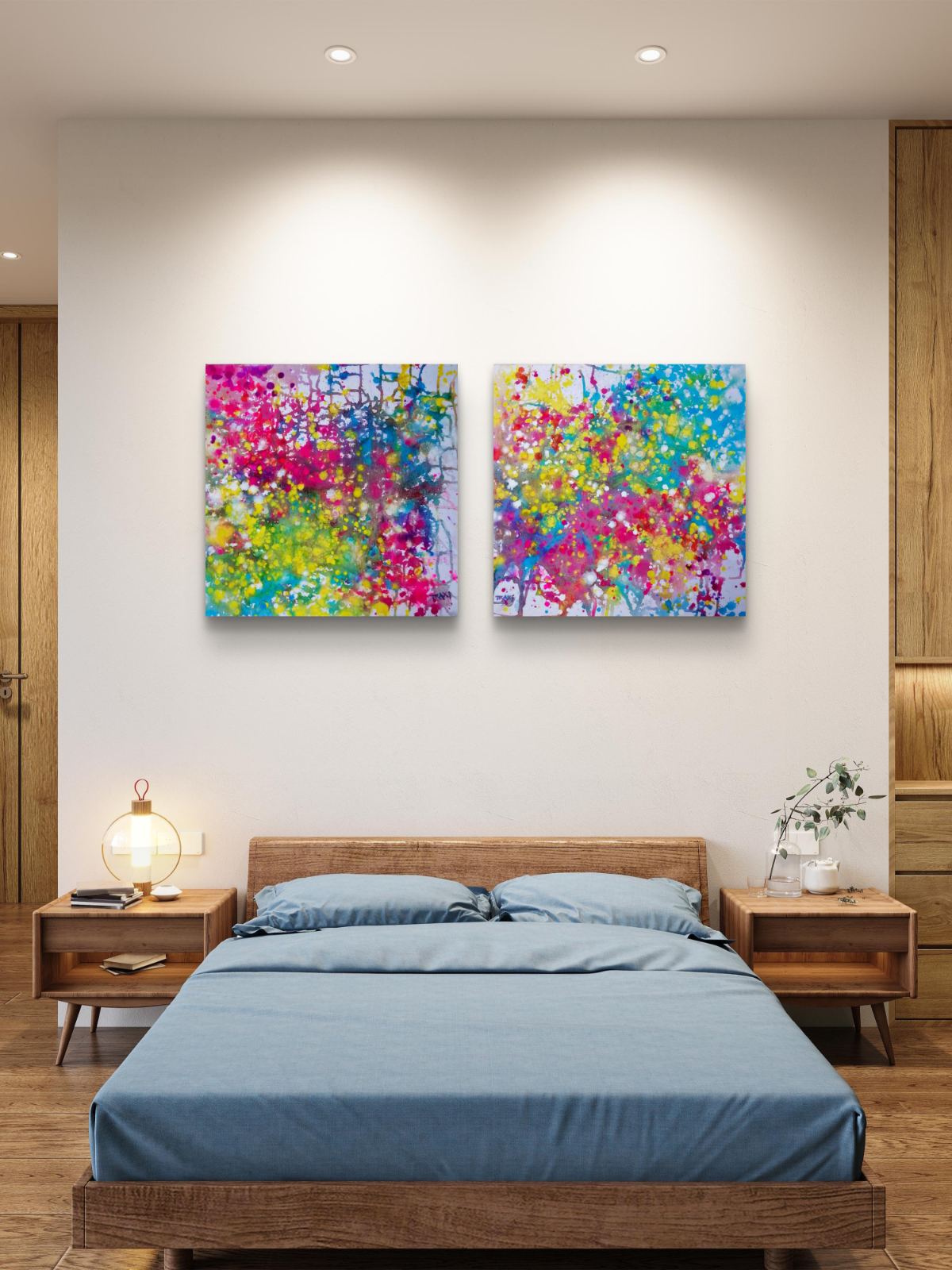 Paintings of Happiness Dyptich by Diana Dimova TRAXI,  Colorful Abstract Art Set. A modern bedroom with a wooden bed and nightstands, featuring two colorful abstract canvas prints hanging on the wall above the headboard.