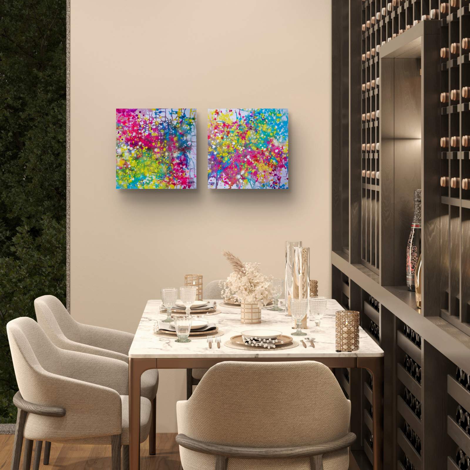 Paintings of Happiness Dyptich by Diana Dimova TRAXI,  Colorful Abstract Art Set. Two square abstract canvas prints with vibrant multicolor paint splatters hang on a beige wall above a modern dining table set with chairs in a stylish dining room.