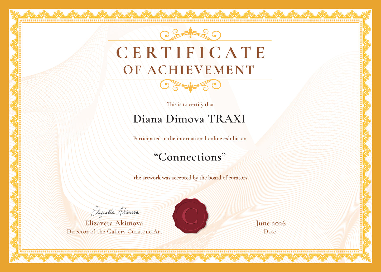 Original abstract painting Connected to the Internet by Diana Dimova TRAXI, featuring organic lines and neural network flows in rich blue and red tones. A decorative certificate of achievement with ornate gold border, cream background, gold script text, and a red wax seal at the bottom center.
