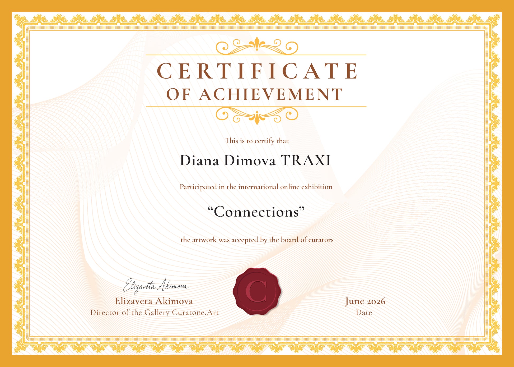 Original abstract painting Connected to the Internet by Diana Dimova TRAXI, featuring organic lines and neural network flows in rich blue and red tones. A decorative certificate of achievement with ornate gold border, cream background, gold script text, and a red wax seal at the bottom center.