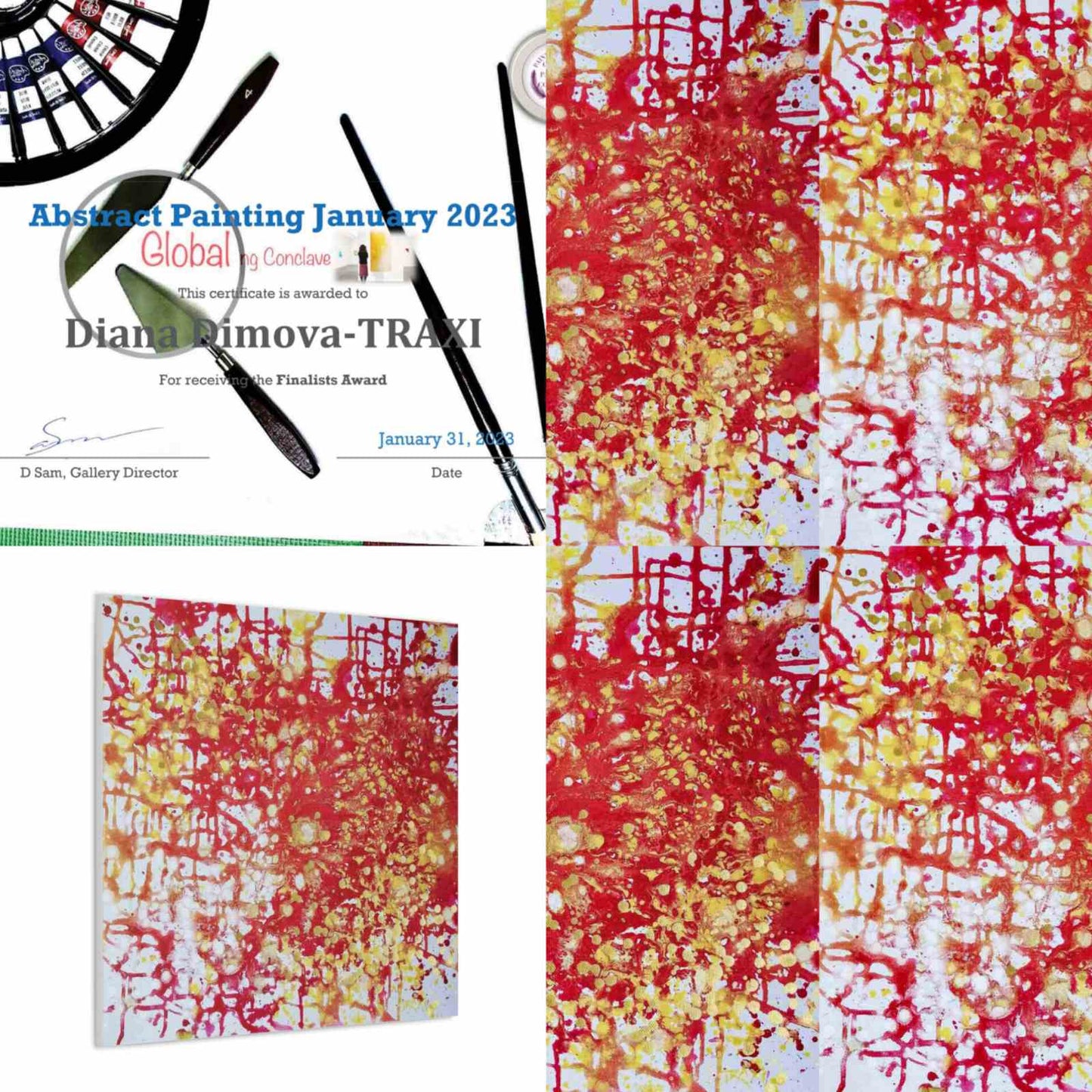 The Eye of Dawn original acrylic pouring abstract painting in red and gold by Diana Dimova TRAXI ART. Multi-award-winning 2022 artwork. Abstract painting artwork collage showing a square canvas with red, yellow, and white brushstrokes, alongside close-up texture panels and a certificate award page for an abstract painting competition.