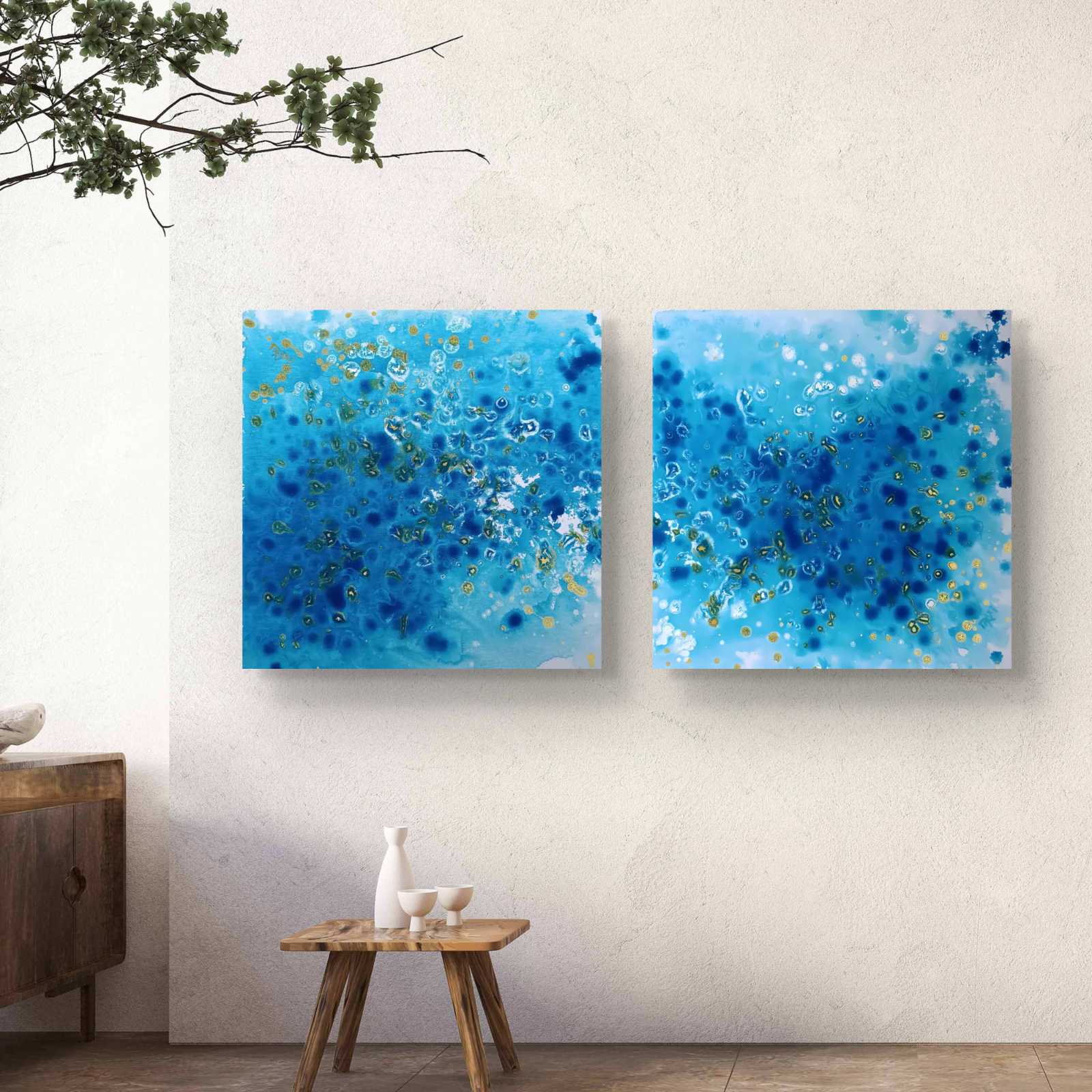 Abstract Blue Ocean Diptych Eyes of the Sky original two-panel acrylic painting in ultramarine, turquoise, and gold by Diana Dimova TRAXI ART.