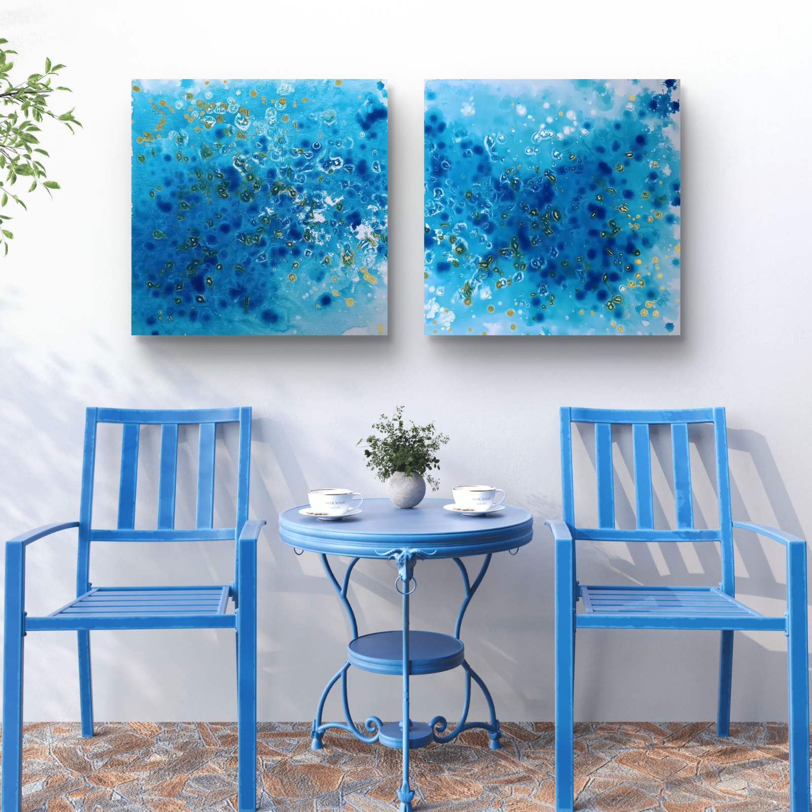 Abstract Blue Ocean Diptych Eyes of the Sky original two-panel limited edit in ultramarine, turquoise, and gold by Diana Dimova TRAXI ART.