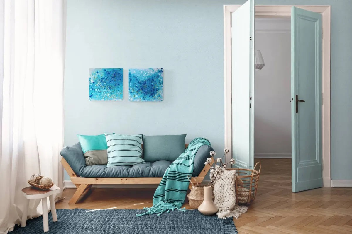 Abstract Blue Ocean Diptych Eyes of the Sky original two-panel acrylic painting in ultramarine, turquoise, and gold by Diana Dimova TRAXI ART.