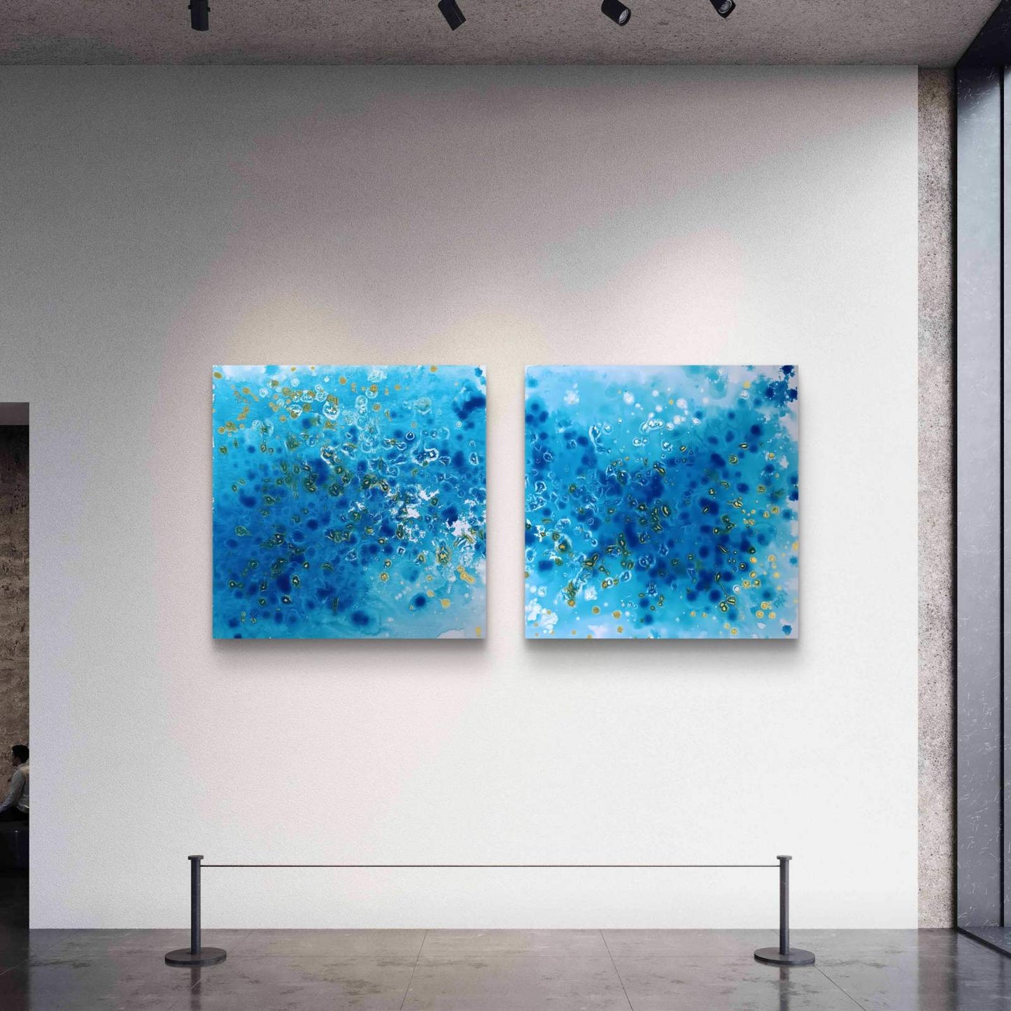 Abstract Blue Ocean Diptych Eyes of the Sky original two-panel acrylic painting in ultramarine, turquoise, and gold by Diana Dimova TRAXI ART.