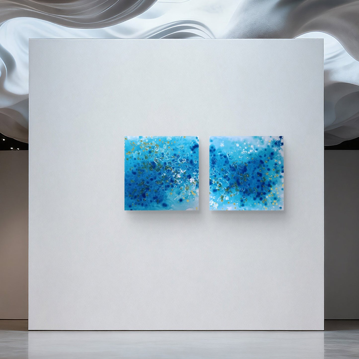 Abstract Blue Ocean Diptych Eyes of the Sky original two-panel acrylic painting in ultramarine, turquoise, and gold by Diana Dimova TRAXI ART.