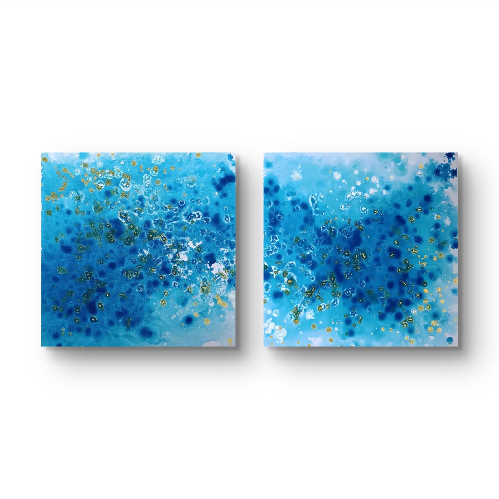 Abstract Blue Ocean Diptych Eyes of the Sky limited edition two-panel canvas print set by Diana Dimova TRAXI ART. Modern ultramarine wall art.
