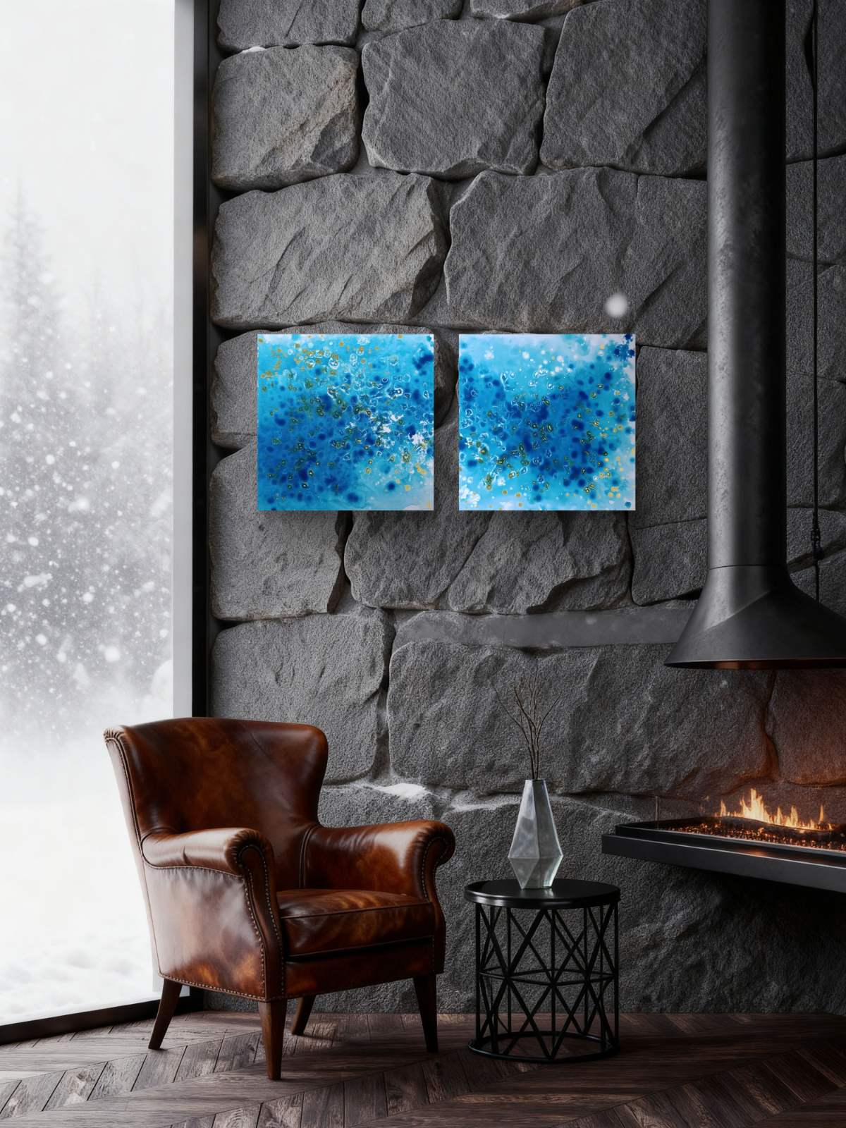 Abstract Blue Ocean Diptych Eyes of the Sky original two-panel acrylic painting in ultramarine, turquoise, and gold by Diana Dimova TRAXI ART.