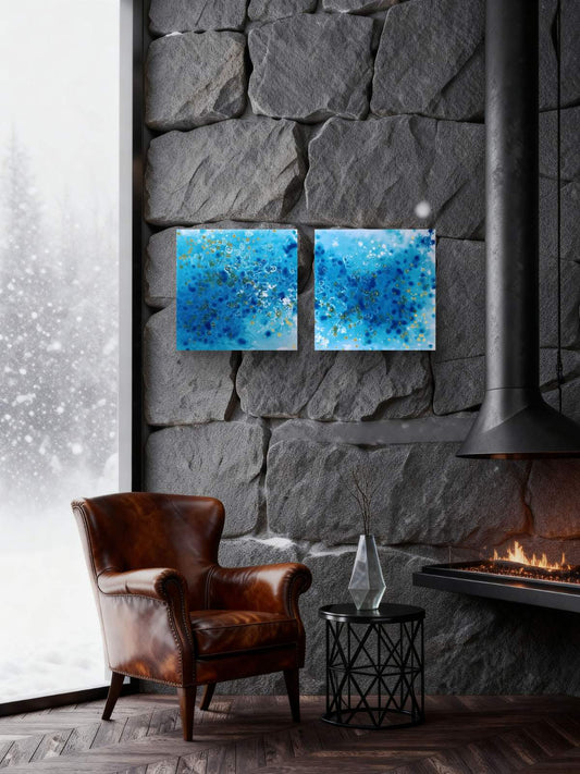 Abstract Blue Ocean Diptych Eyes of the Sky original two-panel acrylic painting in ultramarine, turquoise, and gold by Diana Dimova TRAXI ART.
