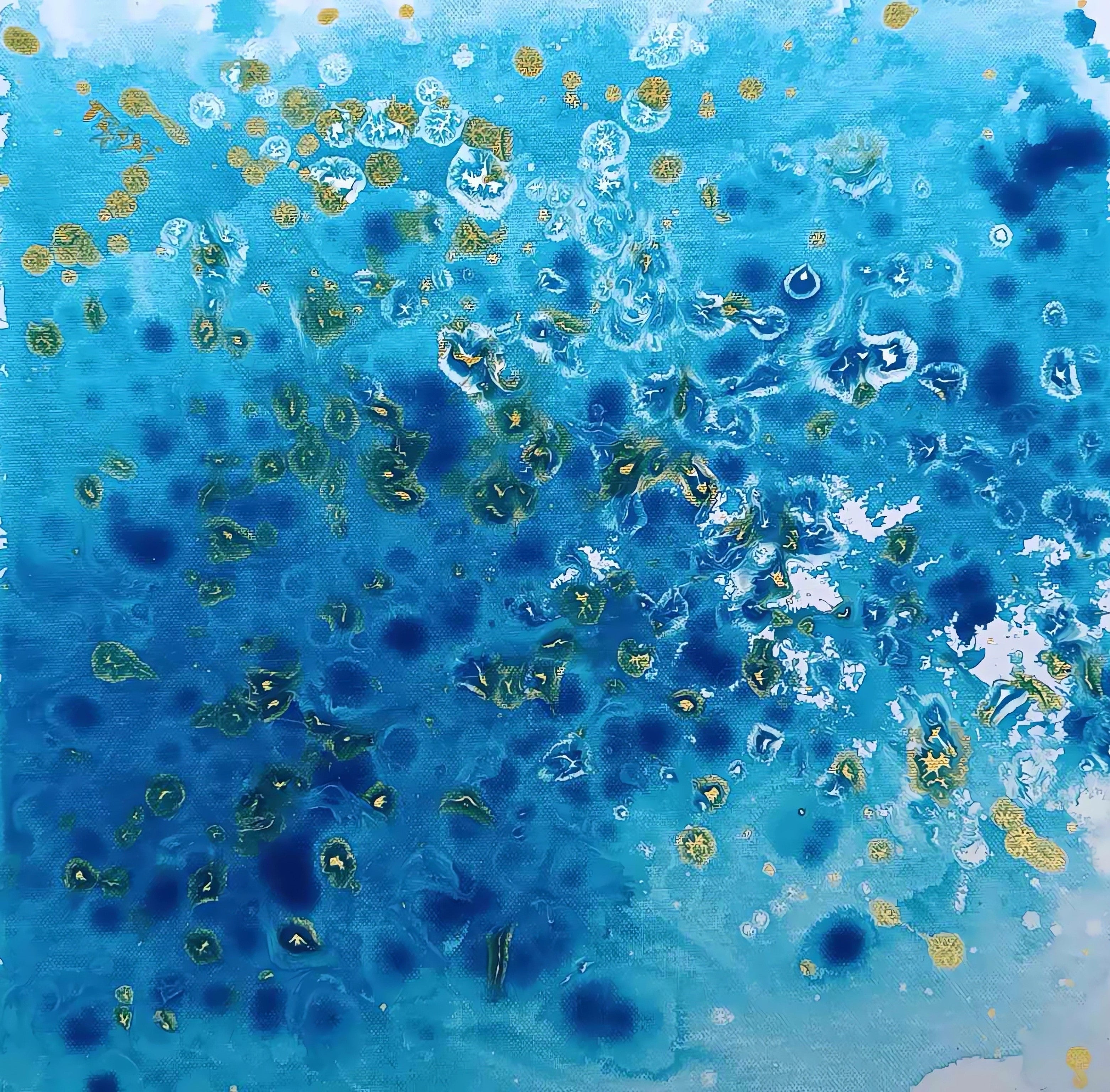 Abstract Blue Ocean Diptych Eyes of the Sky original two-panel acrylic painting in ultramarine, turquoise, and gold by Diana Dimova TRAXI ART.