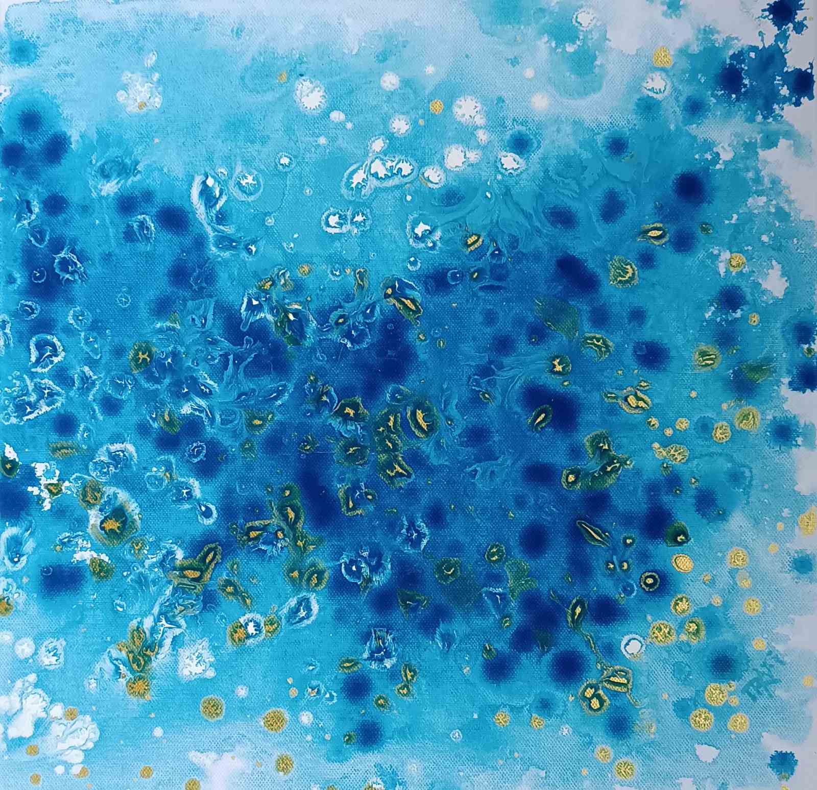 Abstract Blue Ocean Diptych Eyes of the Sky original two-panel acrylic painting in ultramarine, turquoise, and gold by Diana Dimova TRAXI ART.