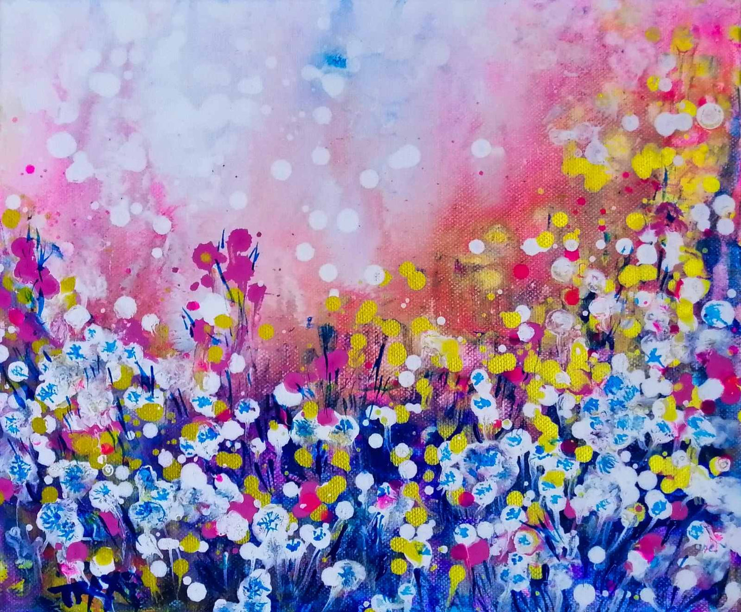 Original Painting, Life is Wonderful, Abstract Landscape, Dandelions Art, Pink and Blue Abstract, Small Art Gift, Diana Dimova TRAXI, Romantic Painting, Contemporary Fine Art, 30x25 cm A colorful abstract floral painting with white, pink, yellow, blue, and purple paint strokes forming a field of flowers against a soft pastel sky.